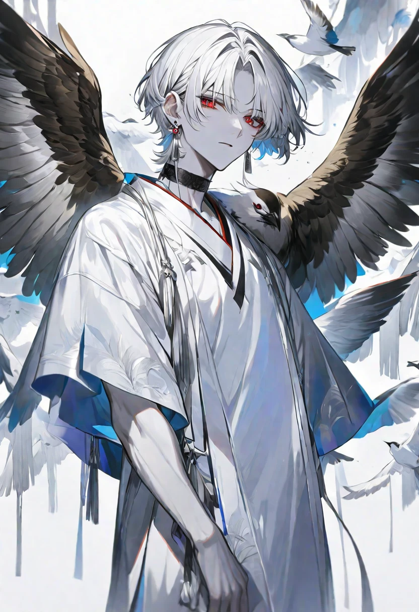 tmasterpiece，Best quality at best，Boys with white hair and short hair，Alone，One guy，male people，Angelic，The man has a pair of white feather wings'Came back，There is a white halo on the head，White dove flying in the sky，gold eyes，Handsome，Silent，red neckchief，White trench coat，Gray armor detail，in heaven