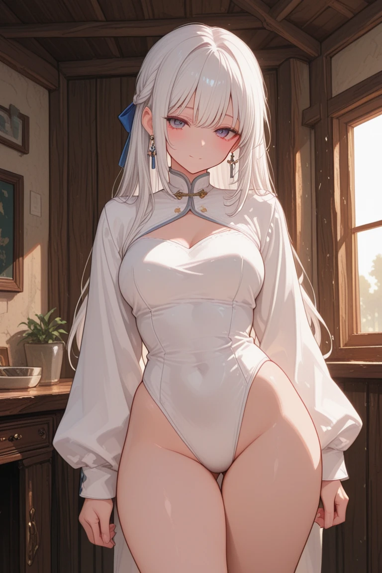 1girl, white dress, white panties, long grey hair, large breasts, cameltoe, standing, dress lift, night, house