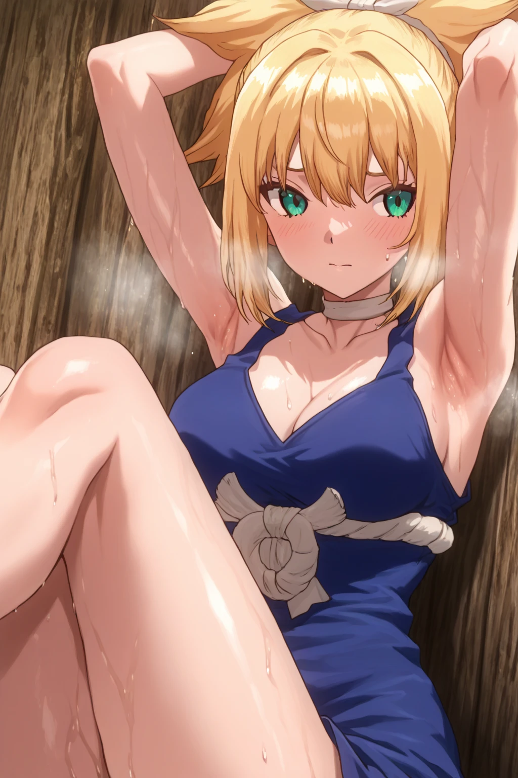 Anime background art, bottom of room, one bed, lying on a bed, beautiful anime scenes, 4K anime art wallpaper, 4k anime art wallpaper, Rosla global illumination, anime girl, best quality, detailed, 1 girl, alone, same as LORA, same as lora, closed mouth, light smile, blonde hair, head accessory, hair tie, short hair, ponytail hairstyle, one side ponytail hairstyle, defined eyes, blue eyes, looking at viewer, perfect face, perfect eyes, costume, naked, perfect face, perfect eyes, showing her vagina, perfect vagina, legs open, open vagina.