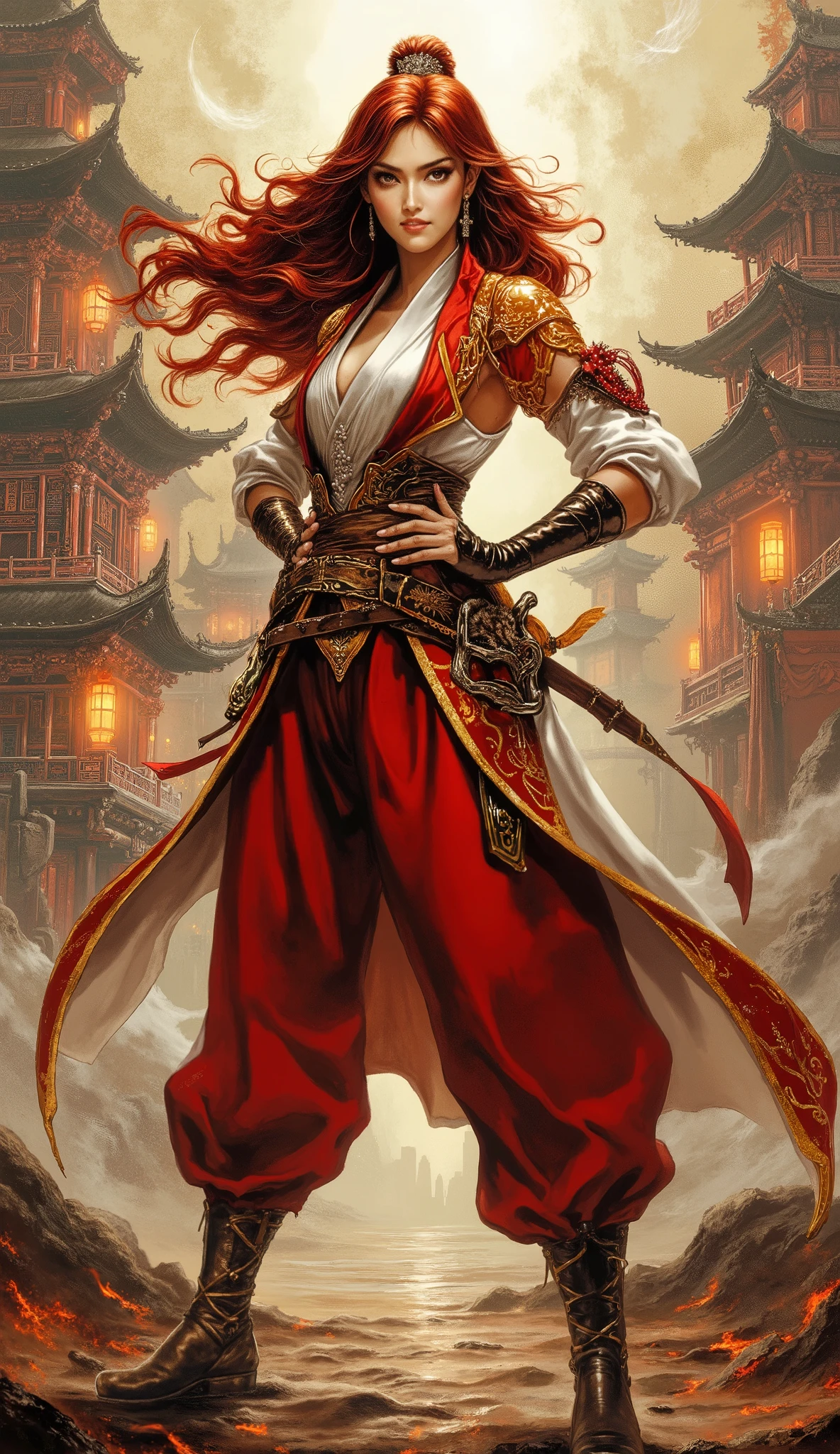 Masterpiece, 8k, best quality, hyper-detailed character illustration. A heroic female warrior of captivating Central Asian and European heritage. Sharp, piercing eyes, a subtle confident smile, delicate upturned eyebrows, exquisite facial features. Voluminous, flowing deep crimson wavy hair. Slender and athletic build. She wears an elegant fantasy wuxia-style dress, primarily red and white with golden yellow accents, designed for both luxury and mobility, paired with loose trousers and ornate leather boots. Posed proudly, hands on hips, radiating an aura of unshakable confidence. The background is a grand, magnificent ancient city, a fantasy fusion of Chinese and Japanese architectural styles, with intricate pagodas and glowing lanterns. Dramatic cinematic lighting, sharp focus, volumetric atmosphere, fantasy concept art.