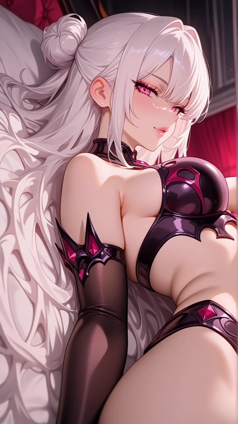 ((masterpiece, best quality)), 1girl, (mature female:1.4), 130mm f1.4 lens, 1girl, solo, pointy ears, heart-shaped pupils, microdress, from above, demon girl, flat chest, demon wings, saturated, colorful, multicolored hair, silver hair, bleu hair, multicolored eyes