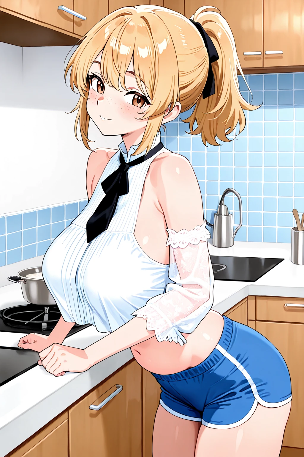 source_anime, kawaii, (((masterpiece)), ((high resolution 8K))), professional illustration, rating_????????, 1girl, 1boy, ?????? ???????, ??????, stunning face, symmetrical clear eyes, detailed eyes and face, detailed body, curvy, shiny skin, detailed skin, 20-year-old girl, light blonde short hair, slant blue eyes, ?????????????, sitting on kitchen, apron, panties aside, hitachi magic wand, m legs, heavy breathing, from below, saliva, (trembling:1.5), score_9, score_8_up