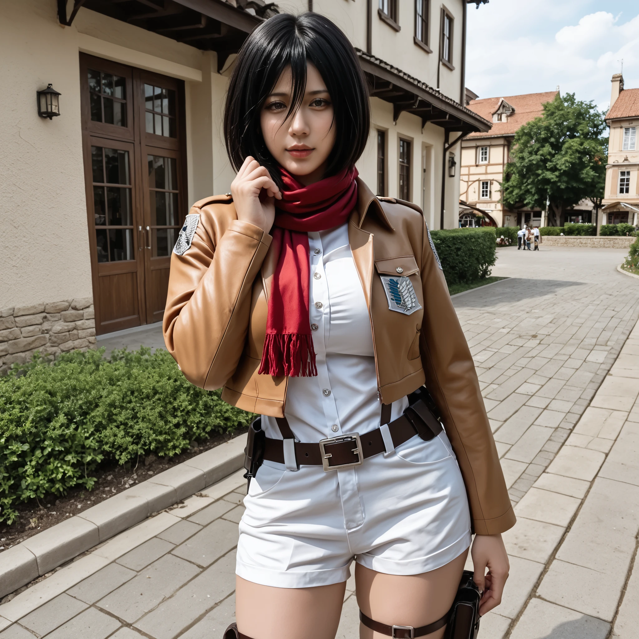 score_9,score_8_acima,score_7_acima,score_9,4k,high definition,8k,highres,anti-aliasing,detalhado,textura,Break MikaAckermans DXL Cinematic Lighting,uma garota,only,cabelo curto,cabelo preto,jaqueta,cinto,echarpe,olhos negros,cinta na coxa,red echarpe,emblema,military uniform paradis,corpo de pesquisa (emblema),mikasa ackerman,cowboy shooting,village,quadris largos,seios grandes,