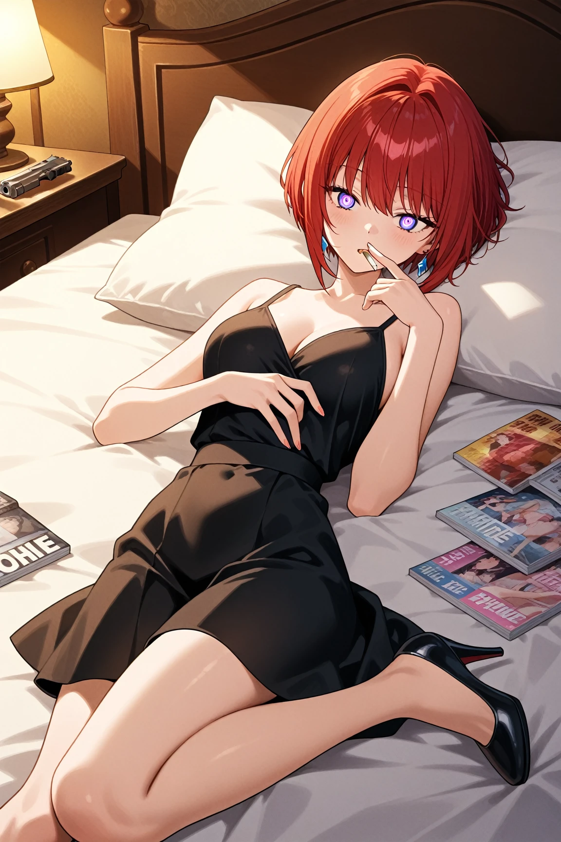 No bra, sexy lingerie, sexy pantyhose, beautiful legs, thighs, makima, day hotel room, crossed legs, sitting on the bed, sensual smile, 4k, best quality, masterpiece, beautiful body, sensual, whole body.