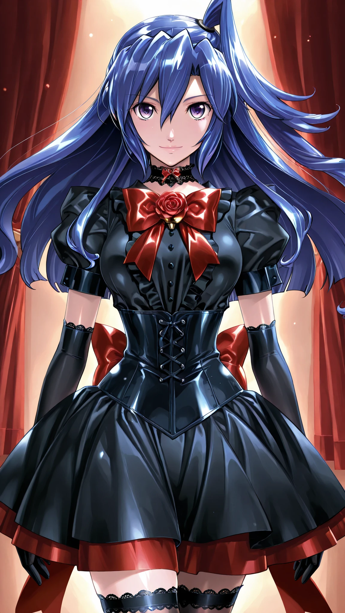 solo, Kazanari Tsubasa, (symphogear),blue hair, l Shining Contours, colorful、Official Art,viewer, art by seto yuuki, Tight waist、Small waist、shiny Skin ,  (upper body), light smile,  gothic theme, shoulderless black velvet blouse with layered puff sleeves, deep red ribbon brooch, shiny black satin waist-cinching corset, bell-shaped double-layer skirt (outer black georgette, inner dark red satin), bustle drape, big ribbon bow back, lace choker with cameo, elbow-length lace gloves, black gartered thigh-highs with subtle red vine pattern, black enamel mary jane heels with red rose, looking at viewer,anime high detail. beautiful shading, anime-style illustration, 8k resolution, ultra HD, dynamic lighting, vibrant colors, beautiful shading, anime-style illustration, 8k resolution, ultra HD, art by seto yuuki,looking at viewer,