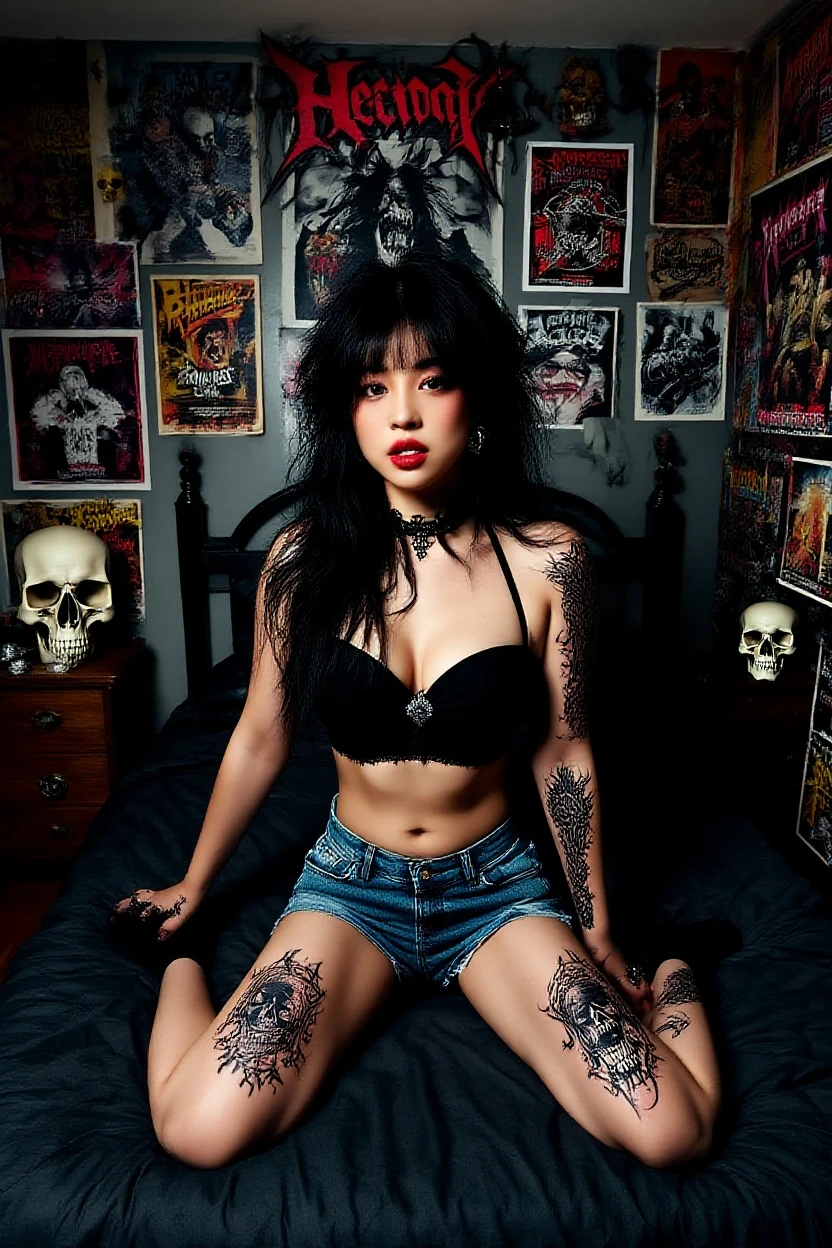 A cute woman (sexy small outfit, tattoos) in a rock music video, pouting, sexy pose near a bedroom, a fan makes a strong wind blowing her hair (show her from head to toe, show all of her)