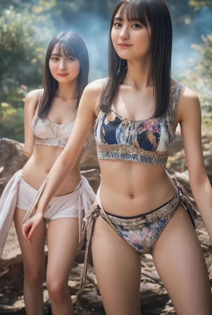 NSFW， 8K Raw photograph， best qualtiy， tmasterpiece， 超高分辨率， filmgrain， cinematic ligh,looking at viewert， Natural skin texture,Realistic Eyes and Face Details,((Realistic:1.5)),Ulzzang-6500:1.4,((Best quality)), ((Masterpiece)),((Detailed)),2girls,duo,{2 beautiful women}, (Upper body:1.3),Hug and touch each other, Tease your friend's waist, Breathless friends, Biting a friend's earlobe, crouched,super wide shot,Face focus, Long legs,Curvy, Barefoot,Wide hips, Thin legs, Oversized eyes,Long eyelashes, (Detailed face,beautidful eyes, detailedpupils,detailed clothes features, Clear background:1.3), (armlets, bangle:1.3), Mysterious ancient ruins, floresta exuberante, Deep canyon,bridge,River,cliff,Cloud,lakes,Rock music,Waterfalls, Flowers, Grass,grape trees,tree,bright detail,Sharp,Perfect compounding, Intricate, Sharp focus, Dramatic,