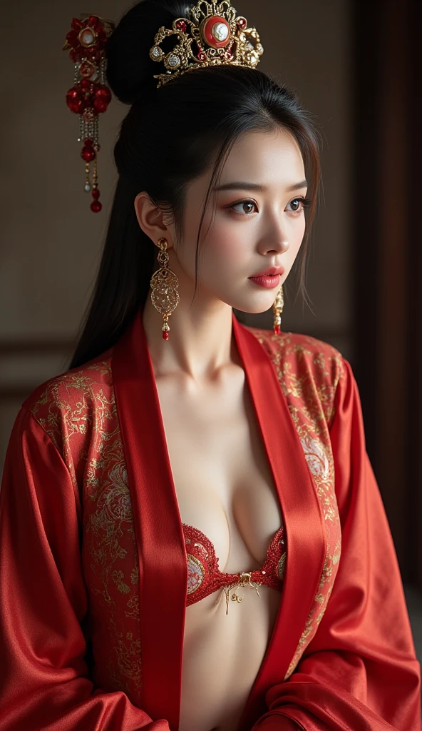 8K Ultra HD, Digital SLR,Film Grain, Fujifilm XT3,(Highest quality:1.3), (masterpiece:1.1), High resolution, Cinematic Light, Intricate details, (Realistic) (Night view) Realistic backlight、ドラマチックなredトーンの光、Beautiful Japanese Geisha full body photo, ((Facial texture Pore details)), Grin、悪魔のようなsmile, Simple messy hairstyle, 伝統的な龍のモチーフが描かれたサテンの黒いkimonoを着て, Open shoulders, Colorful dragon tattoos all over the body, Long blade, Inside a traditional villa,White-hilted Japanese sword, 8K, Front blur,Ultra HD, Digital SLR,Film Grain, Fujifilm(8K, Highest quality, masterpiece:1,2), (Realistic, Realistic:1.37), Very detailed, One Girl,), (Very detailed), (Detailed and beautiful eyes), (Highest qualityの), (Very detailed ), (masterpiece), (Detailed face),woman((19 years old)), hair((red, Wavy, length)), eye ((red eye, big eye)), Clothes((kimono,big slit, redい花柄)), accessories ((Earrings, necklace)), Huge breasts, big , smile, background,長いhair,Red Clothes,Cowboy Shot