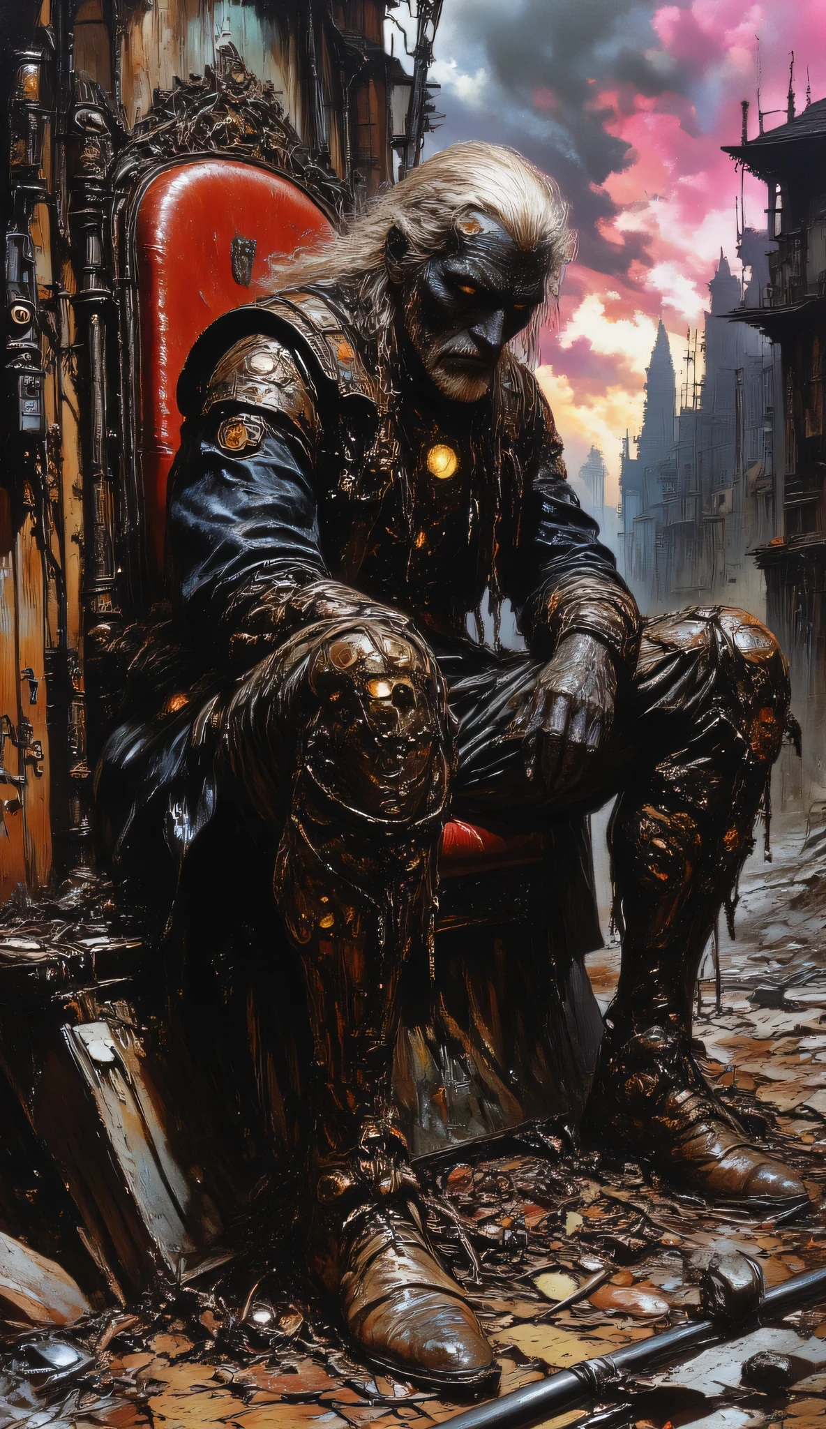 OK,I understand your request,This time I'm only providing the revised hint。
Based on the original hint style you provided and the new “Ultimate Elder” theme,This is a revised version:
Ultimate Elder, long lens oil painting, using thick, high angle view, depicts a wise and powerful elder, dimensional atmosphere, seated on a diesel-punk throne. He sits in a bright leather seat, bold texture oil painting, wearing a heavy, intricate coat of rusted metal and glowing wires, black fingertip gloves, and a pair of customized combat boots. Serene and knowing face, with a calm, patient gaze, full of retro dials. This suspension throne is rough, hand resting on a gnarled staff, bare wires, and welding scars, with rust spots, bolts, to create a movie. Spreading in a ruined industrial city, his skyline is illuminated by neon lights, showing bright pinks, greens, and oranges, and the pale dark earth of a collapsed building color contrast. Uses a horizontal composition to capture the panorama, emphasizes the majesty of the elder and the chaotic energy in a war-flaming sky. And a flickering instrument: stormy sky showing dark blue and purple, warmth, smoky highlights Illuminates the beautiful face of the elder, exudes a sexy, Industrial Landscape. Long lens oil painting, such as worn leather and polished metal, uses expressive brushstrokes to create rugged, with long, bold, flowing white hair and beard { x } Tech Black Diesel Punk Aesthetics, with the surreal, with a cool. Subtleties, the palette is very melancholy, rusty toggle switch, the faint trajectory of smoke enhances the nature of a war-torn world.