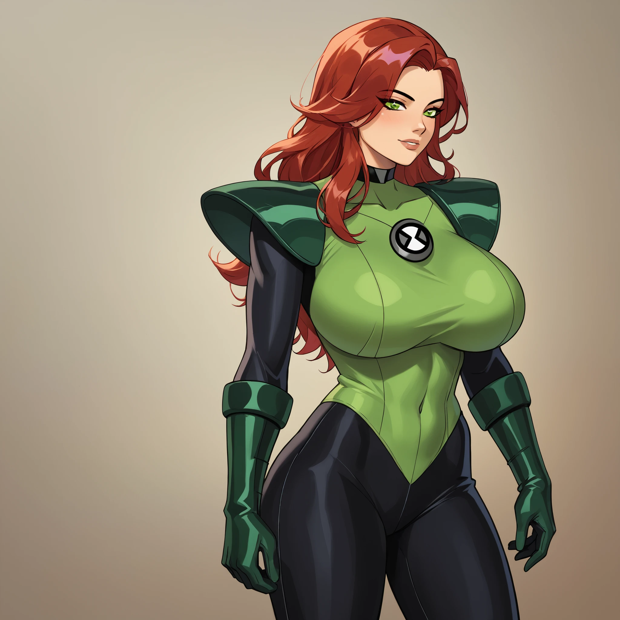 {{masterpiece, ultra-high quality, professionally detailed, professionally shaded}}, masterpiece、high quality、high image quality、detailed face, (masterpiece),(perfect for everyone), maxima,solo 1girl, red hair, green eyes, long hair, green bodysuit, elbow gloves, armor, black pants, ben10, long sleeves, huge breasts, cowboy shot, (black pants), ((green bodysuit)1:1), uncensored, ((black pants)1:1), ((huge breasts)1:1), green boots, (huge breasts),shoulder pads,absolutely thick thighs, absolutely wide hips, slim waist, uncensored