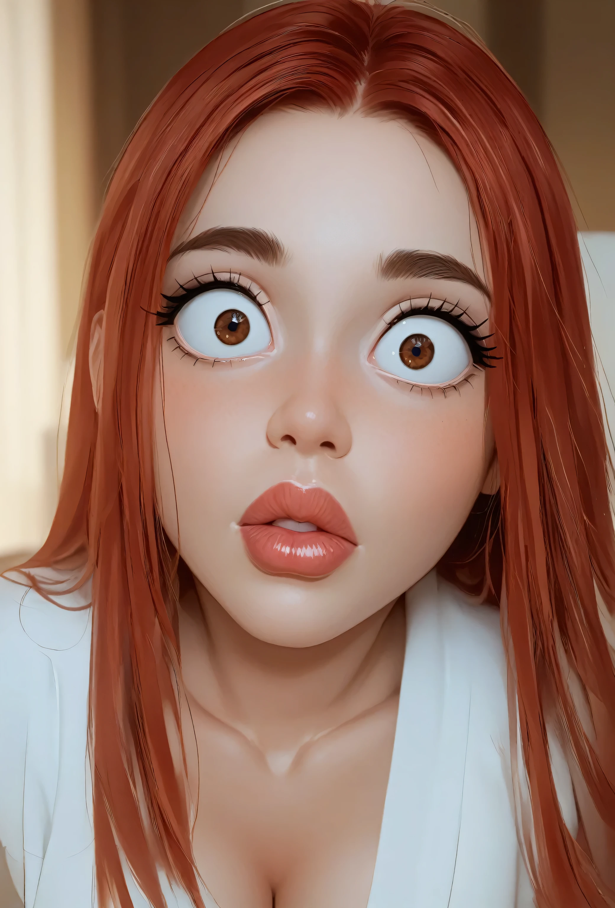 (perfect face), 1girl, red hair, long straight hair, red thin eyebrows, brown eyes, big eyes, black eyeliners, nose, thick lips, big lips, (surprised), (talking), blushing, collarbone, cleavage, medium breasts, white kimono, (looking at viewer)
