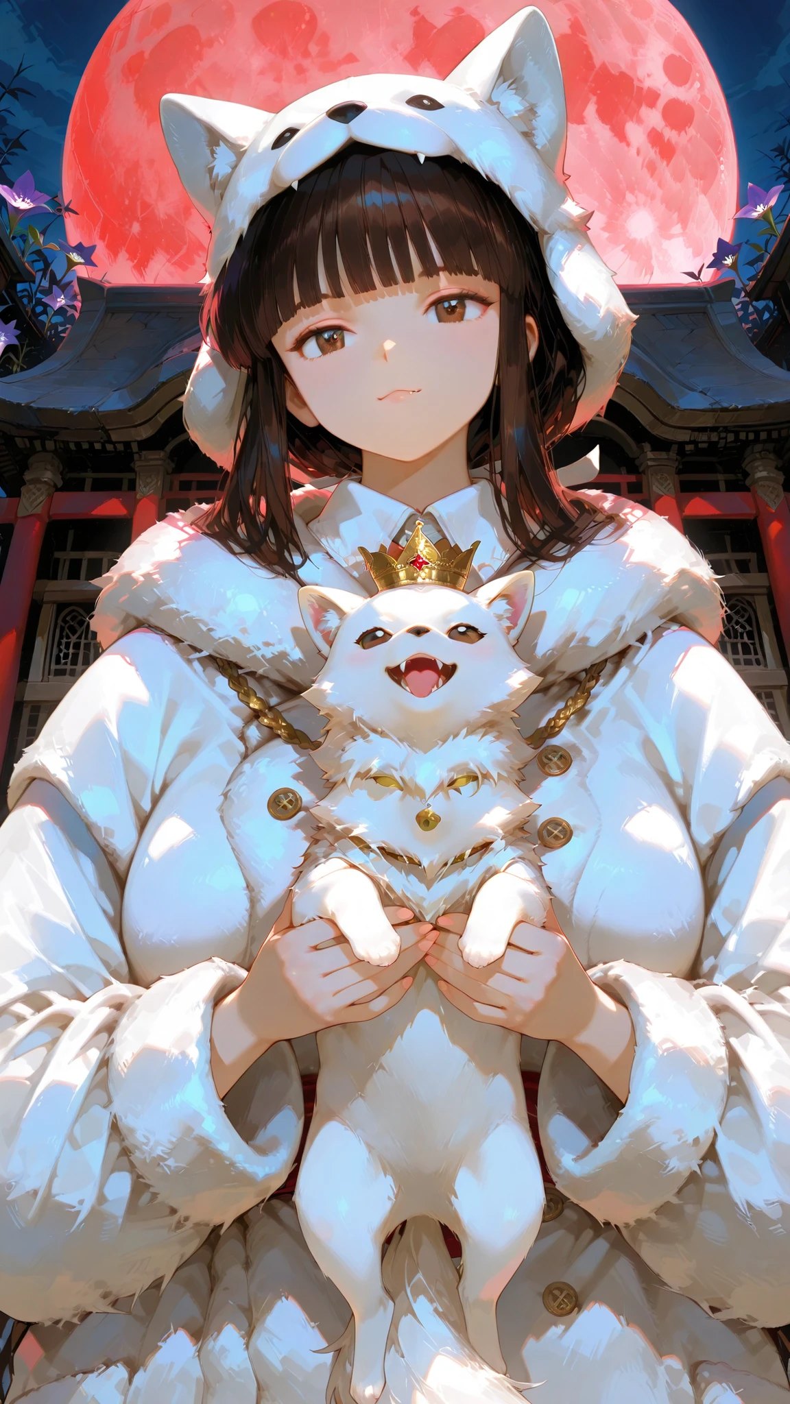 long hair,  blunt bangs , temple, Ji Qie,,Hairband, long hair,  blunt bangs , temple, Low Ponytail,, bellflower dog, brunette, Brown eyes,,Outstanding Works,Slightly realistic, Excellent quality, light and shadow, 超high resolution, high resolution,anime style，Amazing quality. Very beautiful..**Light red moon，tall and plump girl，royal style，（white wolf hat，white fur coat），medieval，ruby，gold piping，Little Crown ，Fangs