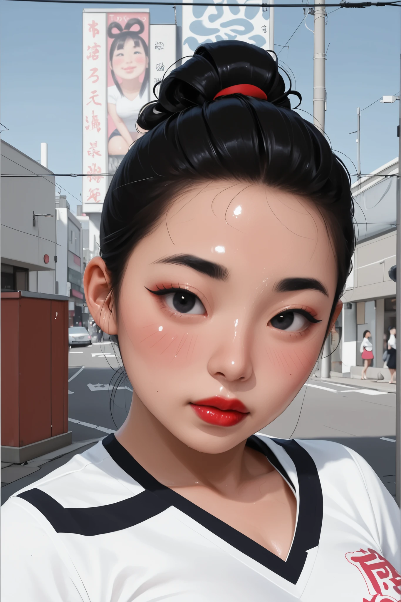 (perfect face), (female asian, face asian), (big top knot hair), black hair, black eyebrows, normal eyebrows, black eyeliners, black eyes, blush, bright red lips, v-neck shirt, white v-neck shirt, medium breasts, (blue sky, street, tokyo, japanese), ((shiny skin)), ((glossy skin))