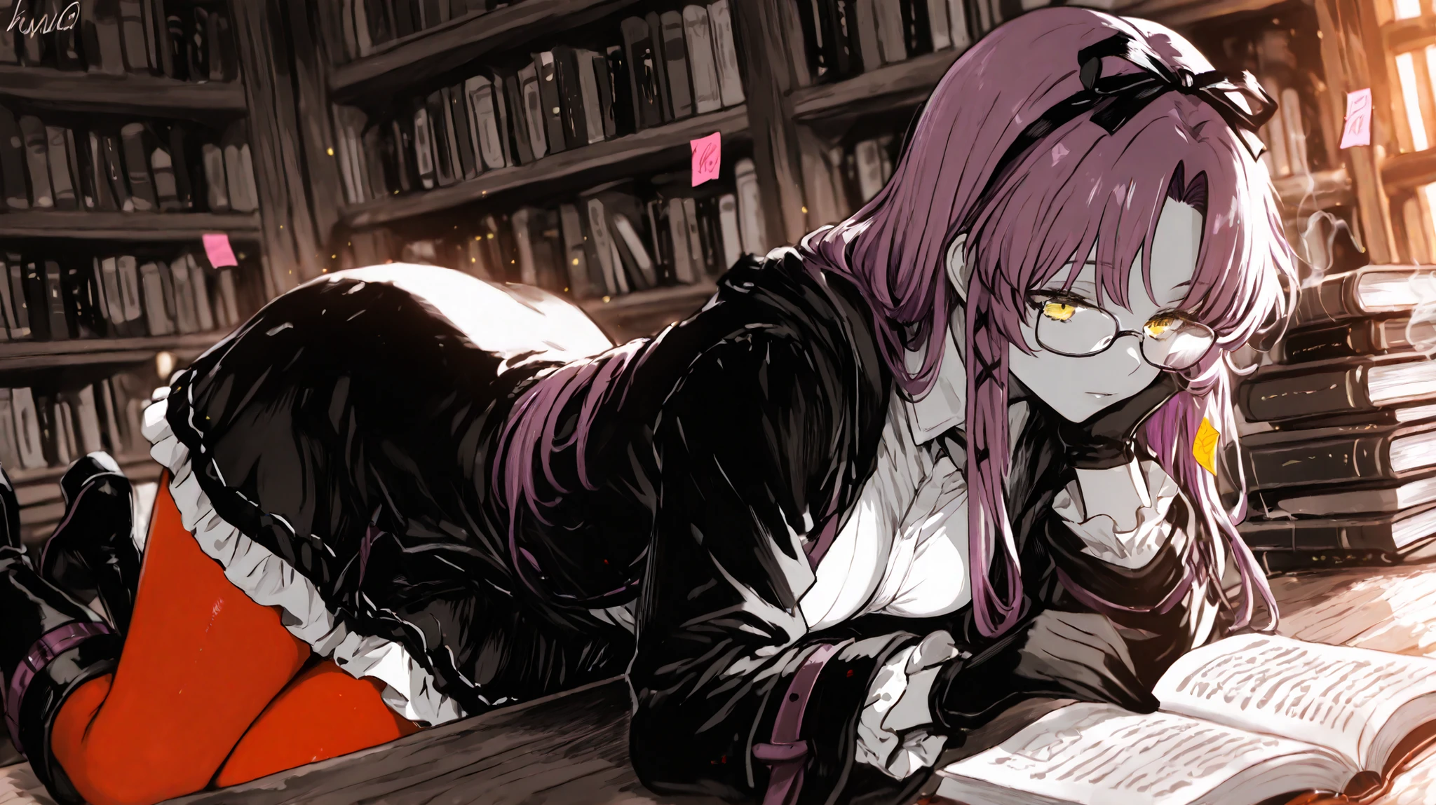 masterpiece, high quality, ultra-detailed, 1 girl, library interior, monochromatic grayscale, selective color emphasis, pink sticky notes and highlights in color, studying at wooden table, stacked books, afternoon sunbeams, dust particles in air, reading glasses, comfortable clothes, focused expression, old library atmosphere, warm lighting, film grain, academic setting, Renne Bright, yellow eyes, purple hair, long hair, parted bangs, medium breasts, hair ribbon, frills, black gloves, black coat, white shirt, red pantyhose, black knee boots, short black skirt, tsolug, monochrome, greyscale, hatching \(texture\)