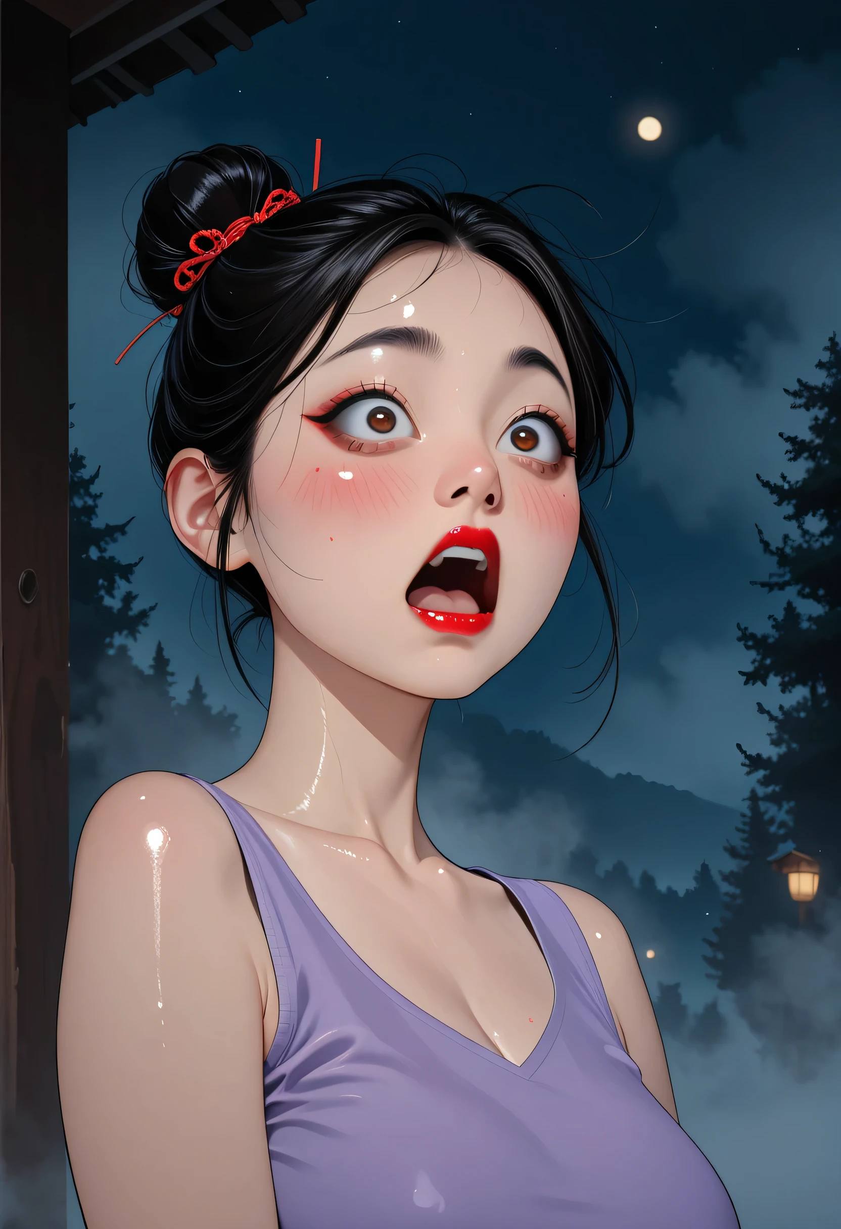 1girl, perfect face, black hair bun, hair up, black round eyebrows, black eyeliners, big brown eyes, nose, thick red lipstick, (shocked, big eyes, blushing, open mouth), beautiful girl, v-neck, purple tank top, ((female asian, face asian)), death forest road, dark, fog, night sky, ((shiny skin)), ((glossy skin))