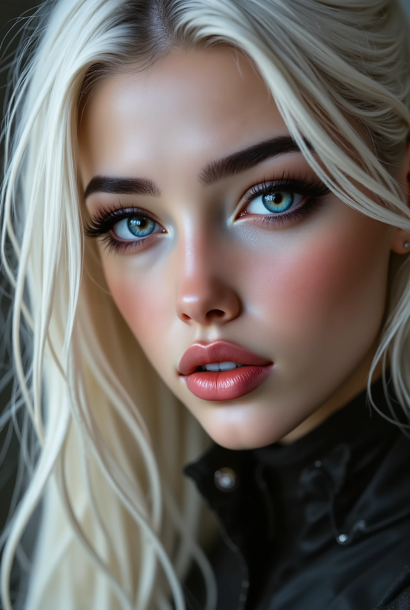  Realistic (photorealistic Realism), (Ultra-realistic), (Ultra-detailed digital art), ((focus on extremely Realistic Proportion Body, Anatomically Correct:1.2)), ((professional portrait)) a cute 1 Female, European, (ultra realistic texture details: velvety skin, hair), (side shot), (white hair ( short, slicked to one side), extremely detailed:1.53), ((sharp focus, no blurr eyes, absurd quality, Realistic  blue eyes:1.4)), Glasses((elagant style, red:1.22)), (Carefully draw Long eyelashes:1.2)(perfect round eyes:1.3), (beautiful little nose), perfect female body, ((firm and full breasts:1.3)), narrow waist:1.3, medium ass, slim belly: 1.3, well-muscled body:1.3, slim face, professional lighting、{Public bibliotek}, (office jacket: 1.25), (elegant style, lacy shirt:1.3)), (wear black  jacket, extremely detailed), [pents (long, tight-fitting, white leather:1.32)], ((full-body shot:1.4))、no blur sharp focus on all body, Detailed texture expression, Precision drawn with expert craftsmanship, HDR effect, Professional lighting, Studio quality, Detailed texture expression.