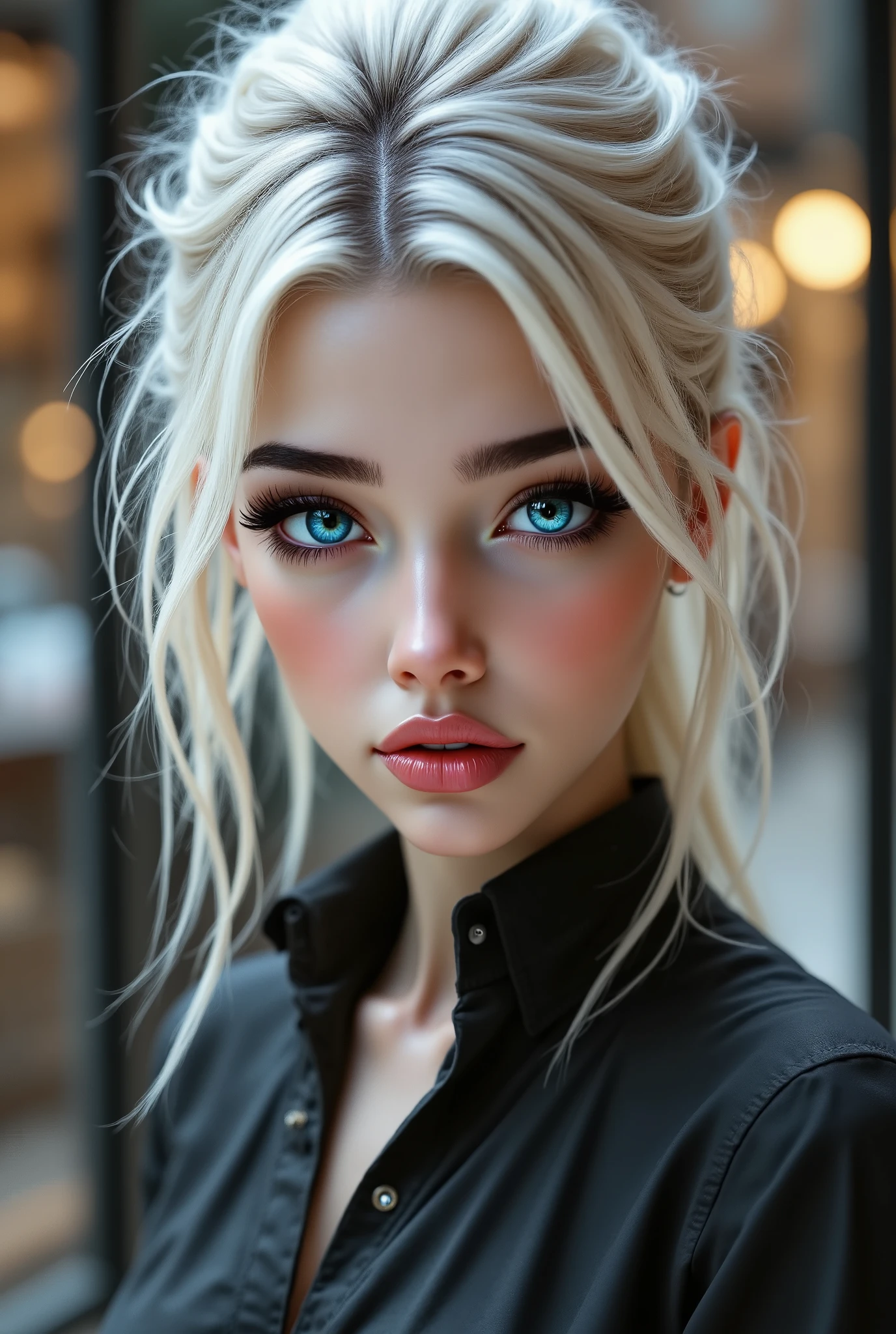  Realistic (photorealistic Realism), (Ultra-realistic), (Ultra-detailed digital art), ((focus on extremely Realistic Proportion Body, Anatomically Correct:1.2)), ((professional portrait)) a cute 1 Female, European, (ultra realistic texture details: velvety skin, hair), (side shot), (white hair ( short, slicked to one side), extremely detailed:1.53), ((sharp focus, no blurr eyes, absurd quality, Realistic  blue eyes:1.4)), Glasses((elagant style, red:1.22)), (Carefully draw Long eyelashes:1.2)(perfect round eyes:1.3), (beautiful little nose), perfect female body, ((firm and full breasts:1.3)), narrow waist:1.3, medium ass, slim belly: 1.3, well-muscled body:1.3, slim face, professional lighting、{Public bibliotek}, (office jacket: 1.25), (elegant style, lacy shirt:1.3)), (wear black  jacket, extremely detailed), [pents (long, tight-fitting, white leather:1.32)], ((full-body shot:1.4))、no blur sharp focus on all body, Detailed texture expression, Precision drawn with expert craftsmanship, HDR effect, Professional lighting, Studio quality, Detailed texture expression.