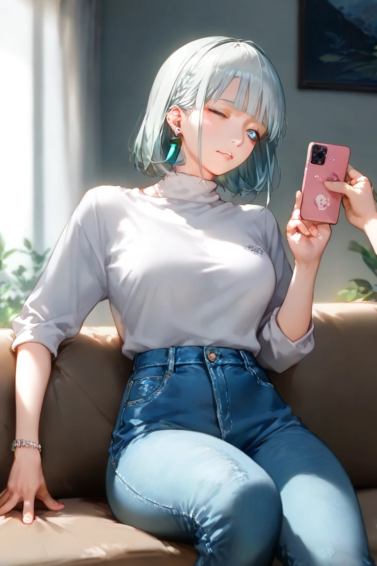 tall body, tall, long legs, mature woman, mature, adult, eft_oshi_akane, alone, 1 girl, blue hair, looking at viewer, medium hair, casual clothing, bangs, closed mouth, green eyes, multicolored hair, short hair, top handheld, wet, bleached hair, blue eyes, rainy day, rain, more details XL