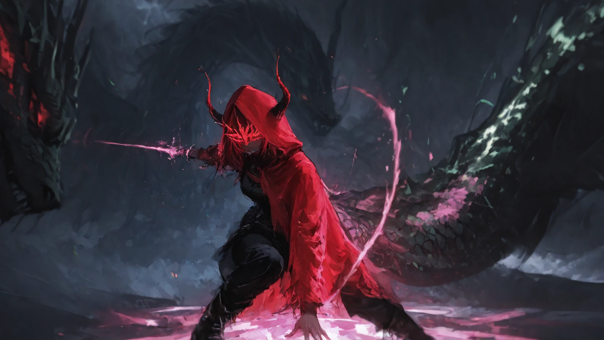 fantastic scene, depicting an anime character in a dynamic pose, dressed in a bright red cloak with a hood and thin black horns, sticking out from under the hood. The character's young face is partially hidden by the shadow, radiating mystery. Black pants and high boots, combining practicality. in the hands of a character holds a mystical staff, topped with a delicate pale pink flower and bright green leaves, reminiscent of the magic of nature. They are surrounded by pink energy antennas, enhancing the magical atmosphere of scenes.
The background depicts a formidable dragon, , his scales shimmer in all shades of blue, , and the silver hood creates the feeling of a hidden danger to the environment. The ground below her is decorated with leaves lotus and, flowers that combine beauty with the unbridled power of nature. Atmospheric lighting improves mood, against the background of dark clouds, reminiscent of the impending storm, causing tension and drama. clear face . Extreme detail best quality