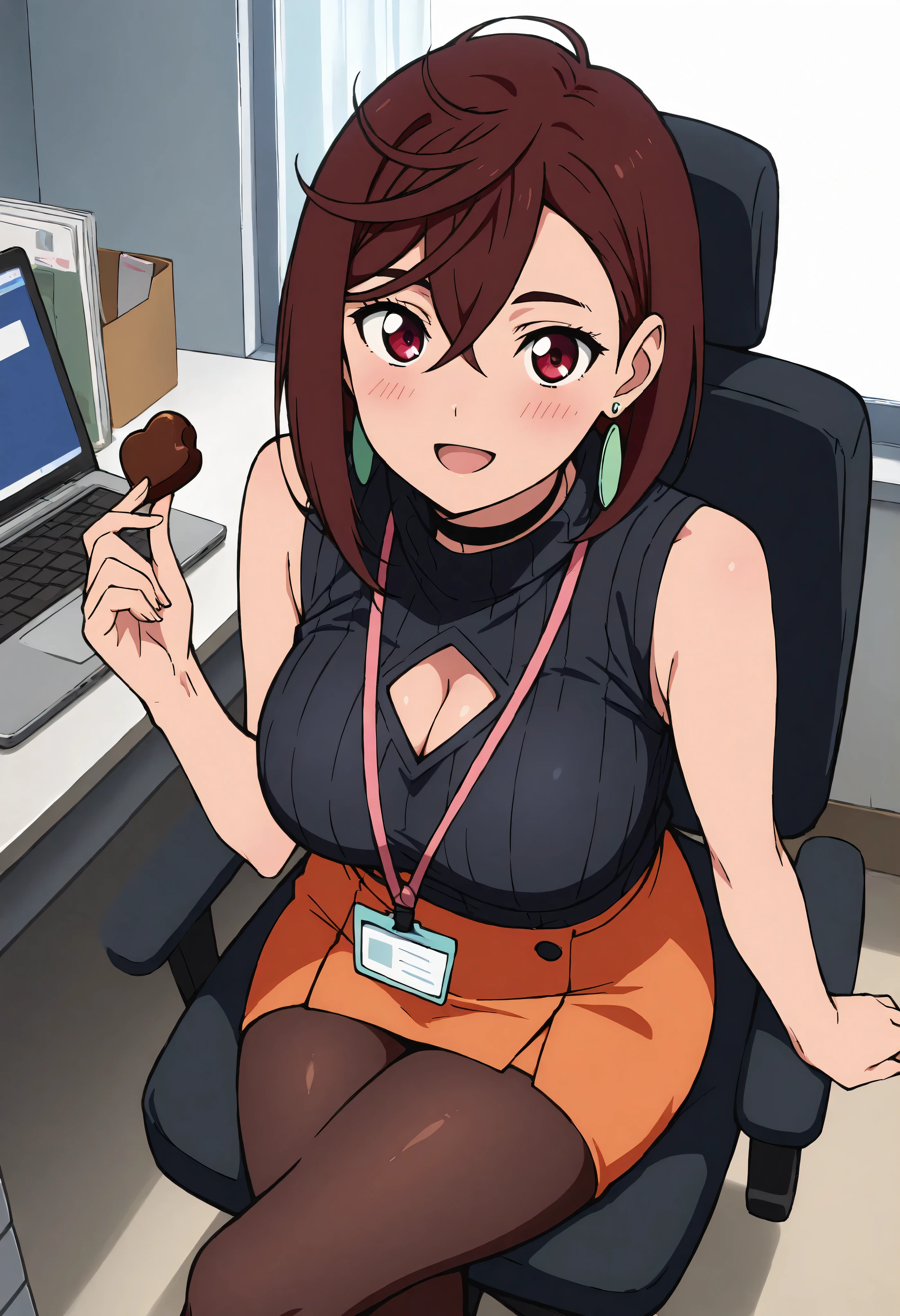 ayase momo, 1girl, solo, brown hair, red eyes, black choker, earrings, :d, black sweater, blush, chocolate almond, crossed legs, feet out of frame, from above, holding food, indoors, lanyard, laptop, looking at viewer, miniskirt, office, office chair, on chair, open mouth, orange skirt, pantyhose, pen, ribbed sweater, sitting, skirt, sleeveless, sleeveless turtleneck, smile, solo, swivel chair, thighs, masterpiece, best quality, soft, extremely high resolution, aesthetic, sketch, anime coloring, muted colors, hatching (texture), black outline, sketch background, cleavage, bursting breasts,