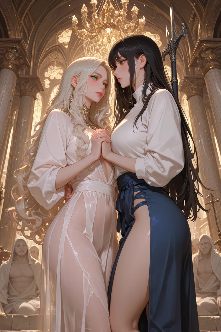 {(watercolor painting:1.2),(renaissance style:1.2)}, {hime cut}, BREAK, {erotic face,anguish,(very ecstasy:1.2),(writhing:1.4),embarrassing,half open eye},{(very obscene pose:1.2),(arched back:1.2),(arch one's head:1.4)}, {(ivory colored yukata:1.2), (chains fundoshi:1.2), (wet clothes:1.2)}, BREAK, {(many chains from the ceiling:1.4), (chain shibari:1.3),(chain bondage), (chain restraint),(wrap limbs with chains:1.8),(chain bind body),(chain in collar:1.2), confinement, shackles}, BREAK, {(2 woman:1, medium breasts, brown eyes, (lick each other, saliva), braid hair intricately)},{dynamic low angle view}, {(dark church glowing stained glass:1.2)}, BREAK,{(glowing tears:1.1),(captivating eyes),extremely detail hair, (pure white skin:1.1)}