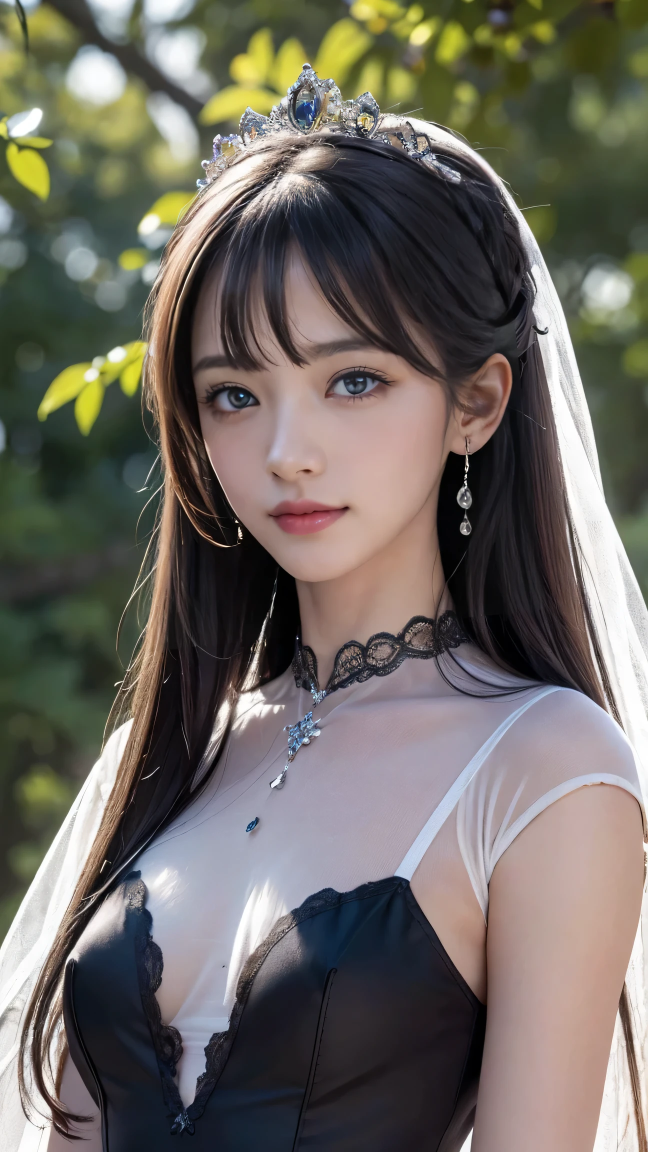 1girl in,huge-breasted, Black hair, High quality, ultra-detailliert, masutepiece, Realistic、Black dress、