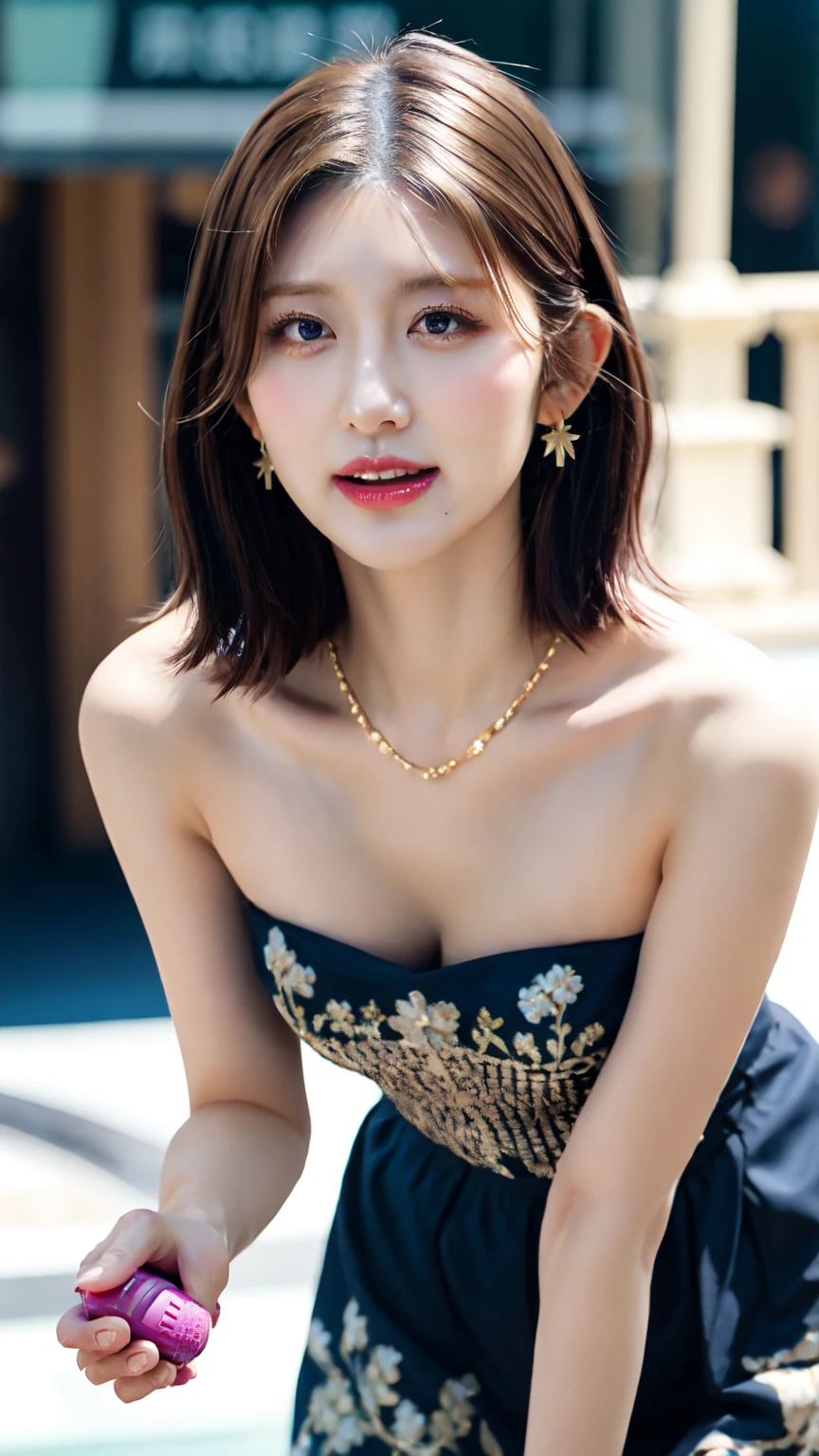 Simple white background,
Stand in an upright and immobile position,
Strapless,Red dress,Exposing shoulders, Deep valley, clavicle,Black Crown,
Pearl Necklace,jewelry, gem,Hoop Earrings,
Redhead, Swept-apart bangs,blue eye,
1 girl, 20-year-old,young woman,beautiful Finger,beautiful long legs,beautiful body,beautiful Nose,beautiful character design, perfect eye, perfect face,expressive eye,Perfect balance,
View your viewers,(Focus on her face),Mouth closed, (Innocent_big_eye:1.0),Light_笑face,
Official Art,Very detailed CG ユニティ 8k 壁紙, Perfect lighting,colorful, bright_front_face_Lighting,Glowing Skin,
(masterpiece:1.0),(Highest_quality:1.0), 超High resolution,4K,Very detailed,
photograph, 8k, High resolution, High resolution, Absurd:1.2, 400 for Kodak Port, Film Grain, Blurred Background, Bokeh:1.2, Lens flare, (Vibrant_color:1.2),プロのphotograph,
(beautiful,big_chest:1.4), (beautiful_face:1.5),(narrow_Waist),