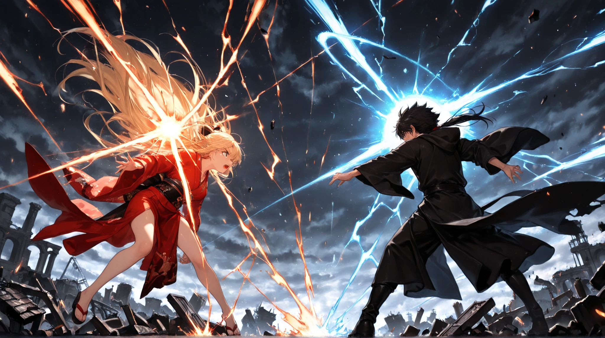(masterpiece:1.2), (best quality), (highly detailed), (anime-style:1.3), 2 characters, epic battle, male immortal, female celestial, mid-air clash, dramatic pose, energy burst, glowing spell circle, long hair flowing, red kimono, black robe, stormy sky, lightning, floating ruins, magic particles, backlight, dynamic composition, cinematic lighting, intense expression, wide shot