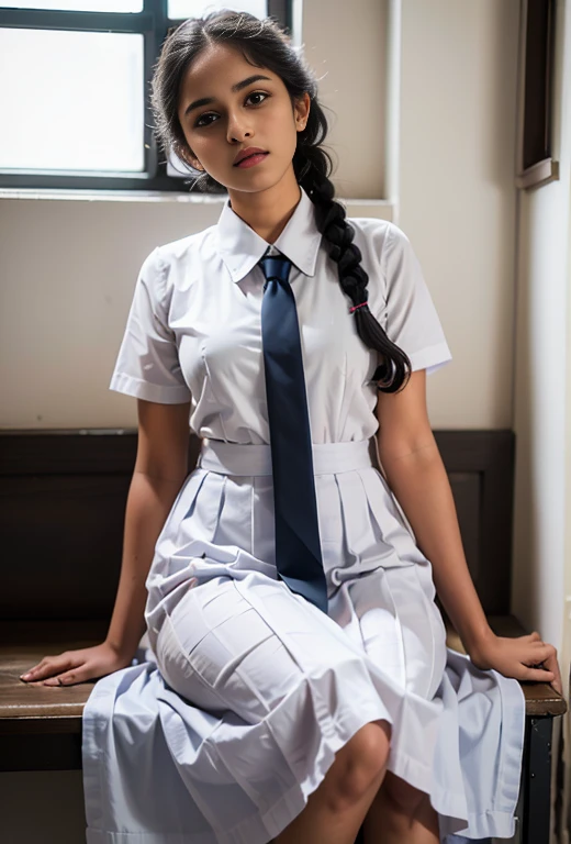 Raw photo , 1 girl ,Wearing white frock and color tie, white shoes ,sri lanka teen school girl, with plait, , sitting on the ground and spreading legs , professional photographer, (hdr:1.4), masterpiece, ultra-realistic 8k, perfect artwork, intrincate details, cute face, award winning photograph, (Best quality, 8k, 32k, Masterpiece, UHD:1.3) ,