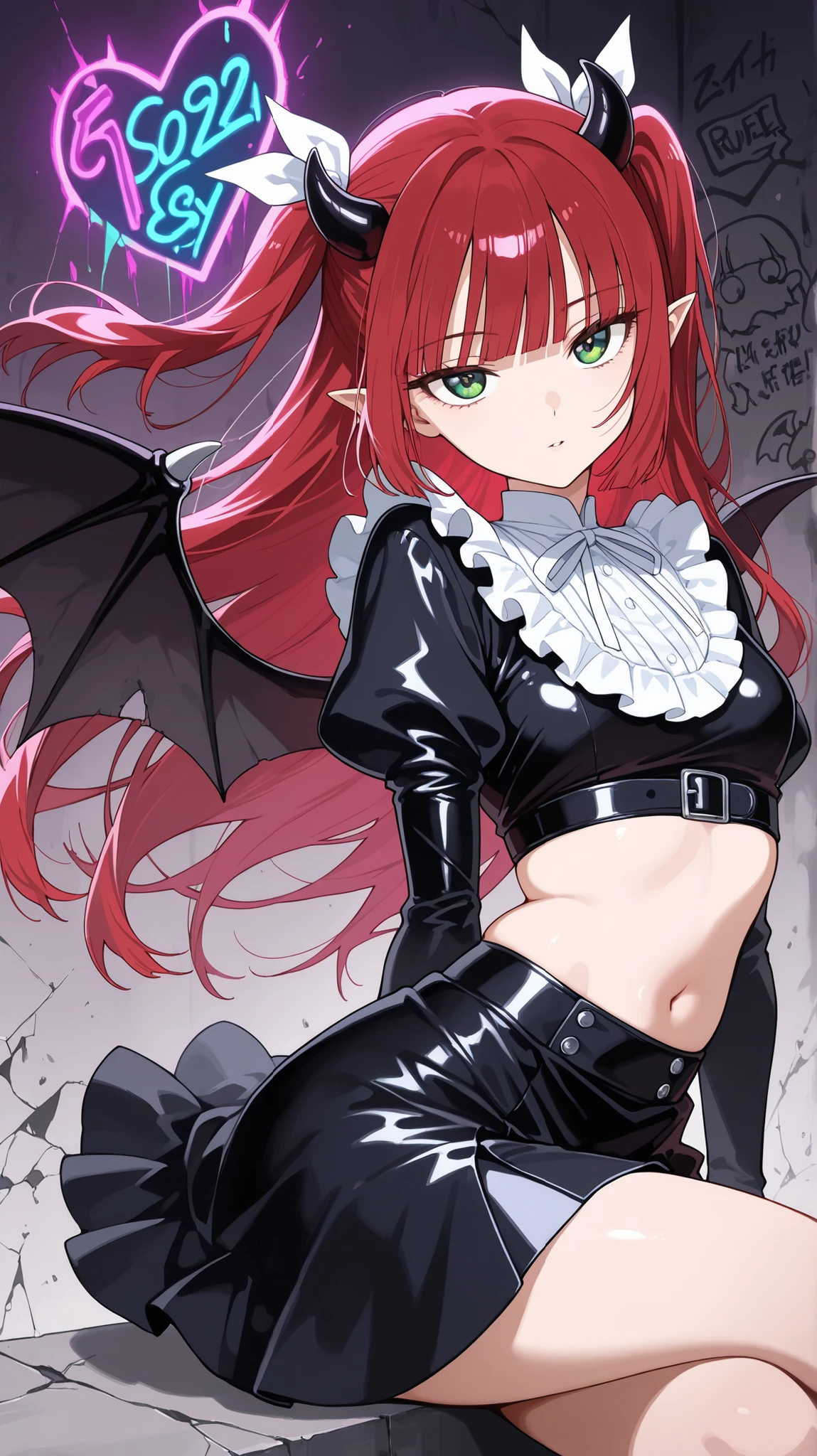 BREAK (masterpiece:1.2), best quality, high resolution, unity 8k wallpaper, (illustration:0.8),Shattered skyscrapers glowing with broken neon signs,
flooded streets reflecting chaotic lights,
graffiti covering crumbling walls,
toxic fog lingering in the distance,
a surreal mix of ruin and beauty,
intense atmosphere, no people,liz kyun, long hair, bangs, shirt, long sleeves, navel, underwear, green eyes, panties, red hair, frills, wings, horns, pointy ears, midriff, puffy sleeves, blunt bangs, stomach, two side up, cosplay, demon girl, demon horns, white ribbon, black wings, demon wings, frilled shirt,leather black skirt,looking at viewer,cowboy shot,wide-angel,seductive expression,seductive pose,floating hair,ssitting gracefully, seductive pose, crossed legs, slightly arched back, soft gaze, detailed curves