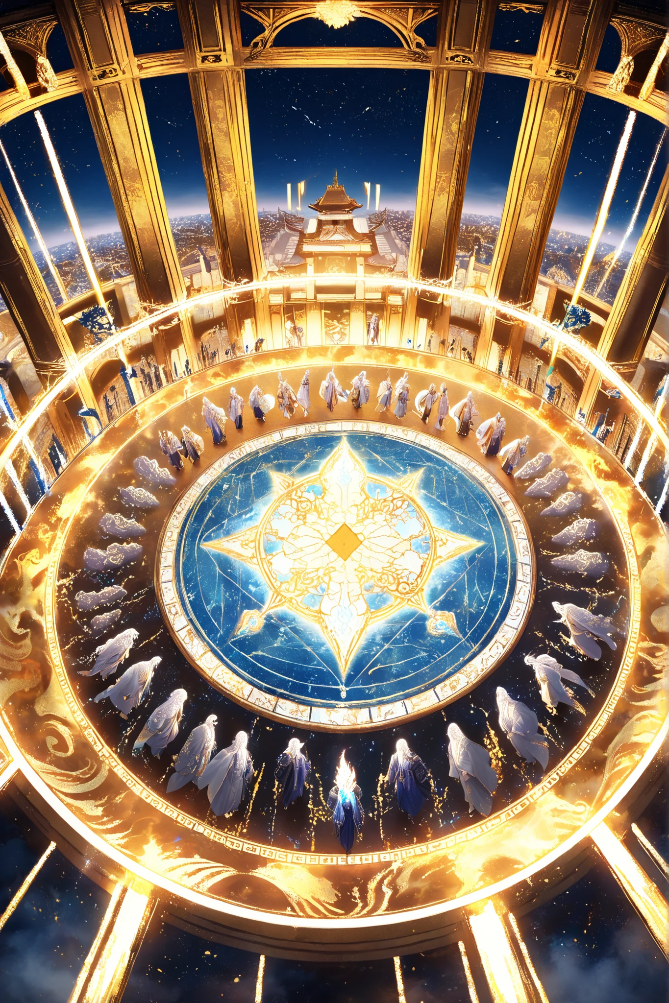 masterpiece, best quality, amazing quality, absurdres, newest, multiple charakters,
group of Japanese kami in divine palace, 1 charakter, Amaterasu in radiant gold kimono, 1 charakter, Susanoo in storm armor, 1 charakter Tsukuyomi in silver robe, all with fierce or shocked expressions, hands raised in argument, glowing divine artifacts floating around,
background: heavenly palace of white stone with floating torii gates, sacred scrolls levitating, sky filled with divine energy currents,
angle: wide shot from above, cinematic lighting casting golden and blue reflections across polished palace floor