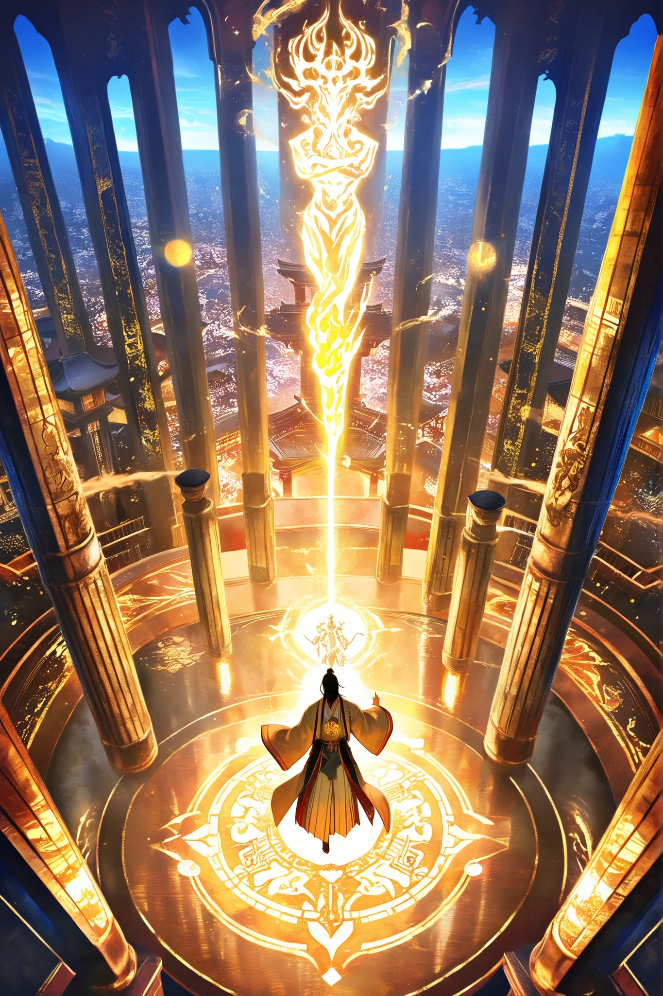 masterpiece, best quality, amazing quality, absurdres, newest, multiple charakters,
group of Japanese kami in divine palace, 1 charakter, Amaterasu in radiant gold kimono, 1 charakter, Susanoo in storm armor, 1 charakter Tsukuyomi in silver robe, all with fierce or shocked expressions, hands raised in argument, glowing divine artifacts floating around,
background: heavenly palace of white stone with floating torii gates, sacred scrolls levitating, sky filled with divine energy currents,
angle: wide shot from above, cinematic lighting casting golden and blue reflections across polished palace floor