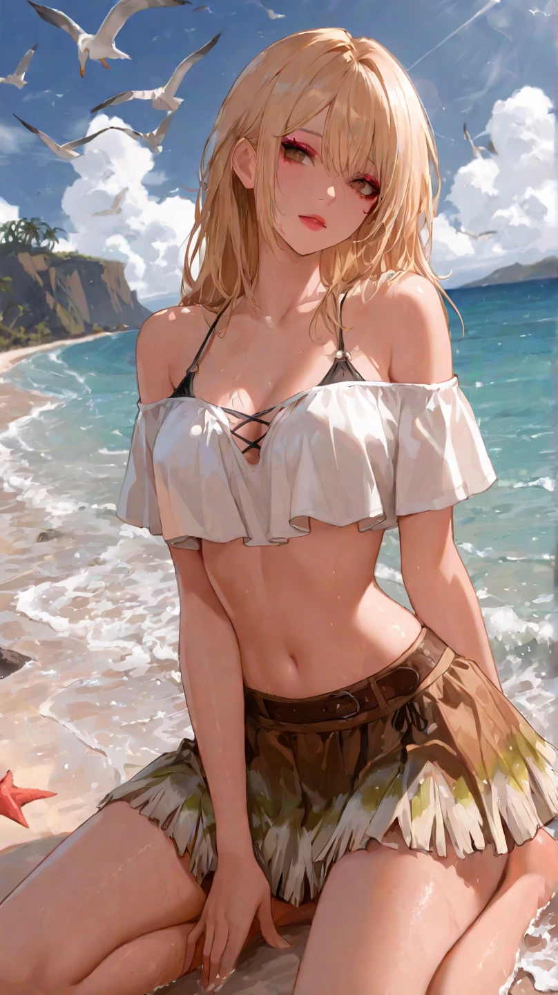 NSFW. ((micro-bikini.)) perfect face, sexy supergirl Melissa Benoist, naked, legs apart, crotch showing, smiling, deserted beach, ((best quality)), ((masterpiece)), (detailed)