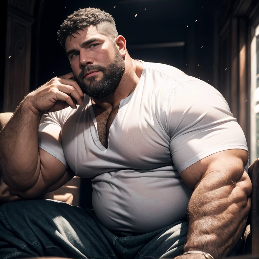 The upper body is undressed,Fat boy,full bodyesbian,Strong man figure,Beard,with a round face,Bend your eyebrows,potbelly,24 years of age, --auto