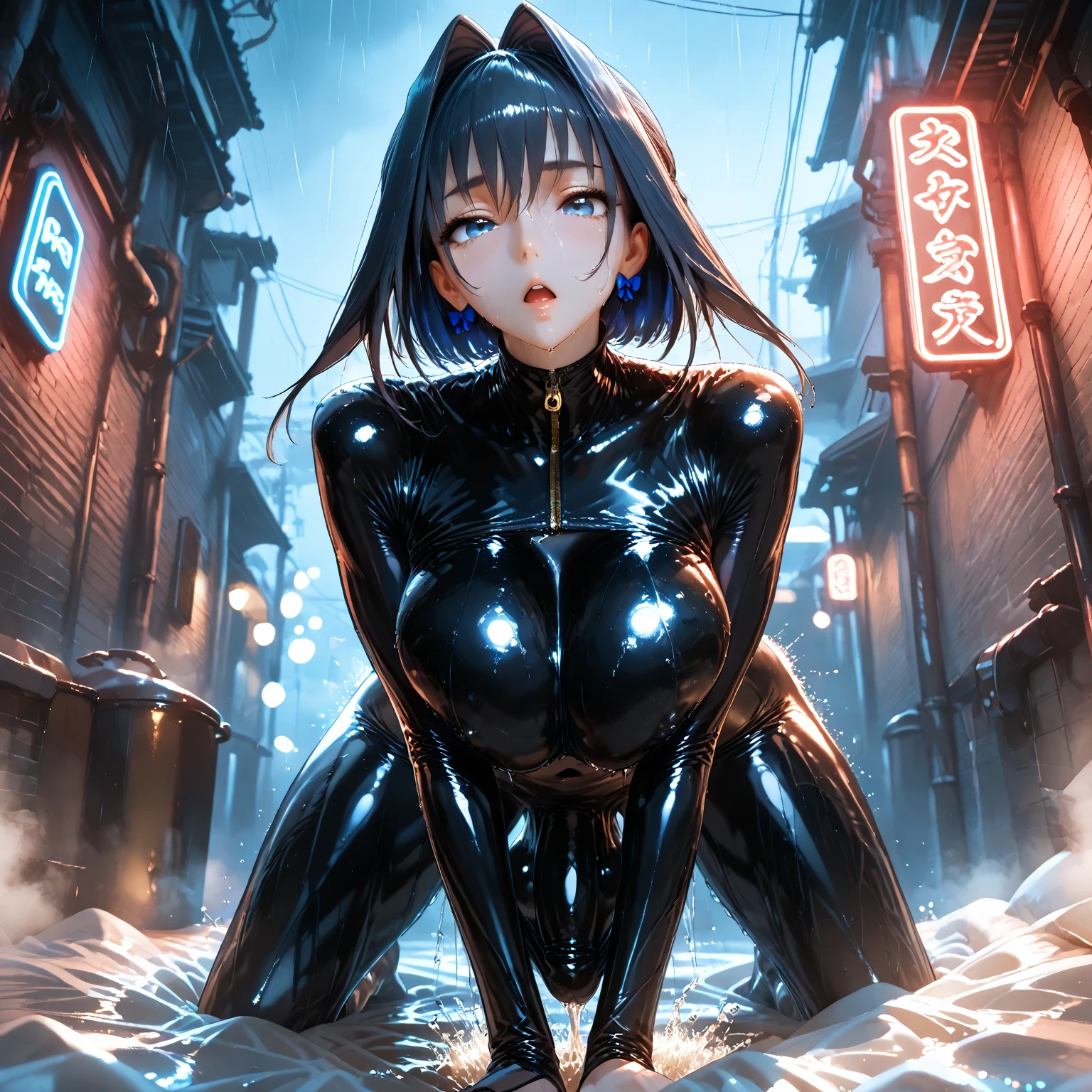 (highres:1.2),(ultra-detailed:1.2),[high dynamic range lighting],(masterpiece:1.3), (best quality),highly quality, intricate details,(extremely detailed CG unity 8k wallpaper:1.2),best shadow,(extremely detailed fine touch:1.2), (high resolution), (8K), (extremely detailed), (4k), (pixiv), perfect face, nice eyes and face, (super detailed), detailed face and eyes, textured skin, absurdres, highres, 1girl, <lora:Reika:0.7>, reika_wz, latex, black bodysuite, bodysuit, science fiction, cyberpunk, city, city lights, cowboy shot, looking at viewer, slav squatting,