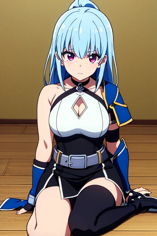 masterpiece, best quality, very detailed illustrations, <lora:SophitiaFemto:0.5> 1girl, solo, scarf, blue short hair, blue eyes, hairband, twin braids, looking at viewer, thighhighs, medium breasts, shorts, thighhighs, fingerless gloves,