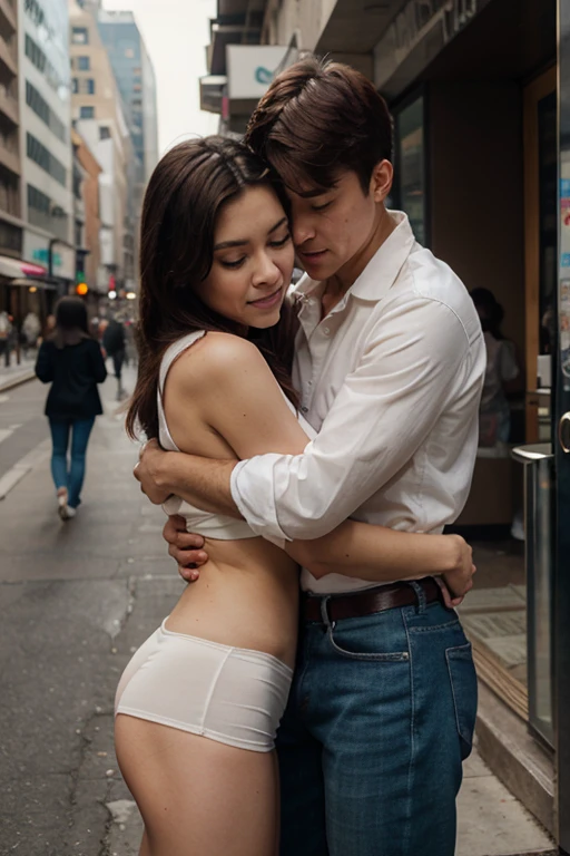 Virtual image, Full body poster 8K, Japanese boy and girl, 18-year-old male, A charming expression, detailed facial details,Standing, hugging, kissing, exchanging tongues,Wear a white bikini, Tokyo Octy, winter, Shibuya is the backdrop.
