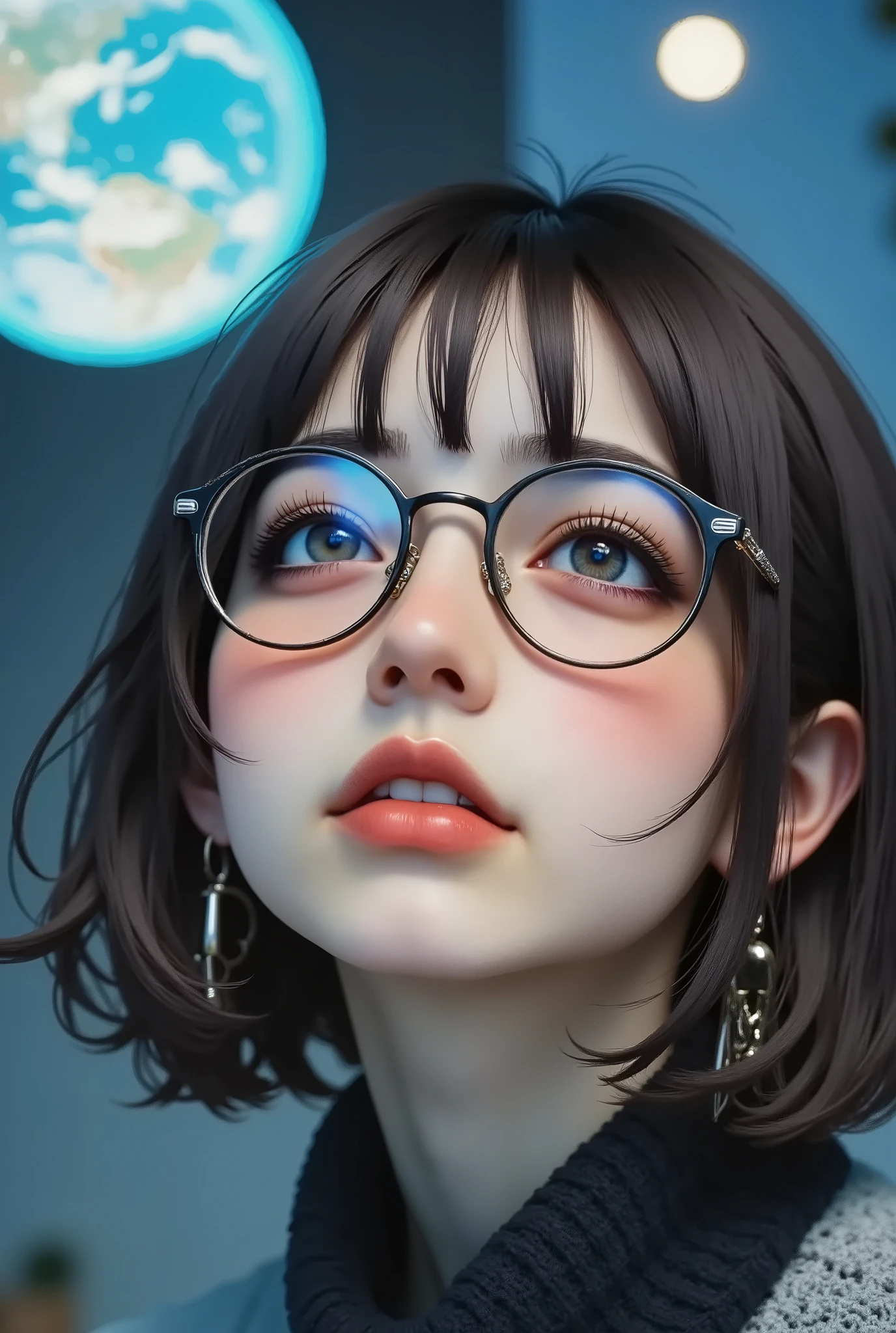  [Style: "masterpiece , realistic , (photorealistic Realism) , ultra-detailed , UHD , Hyper high resolution" - "(Hyper quality , intricate ultra-detailed digital art)"] (Key Directive: - ("The priority is the anatomical accuracy and texture of the materials" - "Ultra-sharp human eyes with biological accuracy") "Eyes: (acid-resistant terminology) (macro-details:1 . 5): * Moist surface , cornea replaced (concept , black hole with accretion disc around:1 . 4) * Exceptionally detailed iris stroma ((brown) with gold speckles) * Precise limbal ring (slightly darker pigmentation: 1 . 3) * Pupil microstructure looking like [endless well , black , empty] (authenticity of irregular edges: 0 . 9) * Scleral vasculature (subtle red veins radiating from the limbus)" - "Eyelashes: blue synthetic monofilaments (crossed roots:1 . 2 , separation without clumps)" | Technical Specs: (Optics: - "Zeiss Otus85mm f/1 . 4 lens (eye refraction calculations:1 . 3)" - "Shutter Speed:1/500 (freeze eye micro-movements)" - "Focus Stacking:7-point coverage on iris plane") (Post-Processing: - "Frequency separation for skin vs eye details" - "Selective sharpening: eyes200% , hair80%" - "Denoise: luminance20 , color35 (retain corneal speculars)") (Avoid: "pupil distortion , uncanny valley asymmetry , plastic-like wetness") Vivid colors , HDR effect , Professional lighting , Studio quality , Detailed texture expression , (Rendering engine: "Unreal Engine 5 path tracing , 16K texture maps"), ((detailed description、delicate face depiction、Ｆvalue：6.0))、((Slender Woman、wearing glasses)),advanced digital art、summer fashion without necklaces、tote、Projection mapping globe projected in the night sky、Projection mapping globe projected in the night sky with a happy smile while looking up、no blur sharp focus on all body, 
