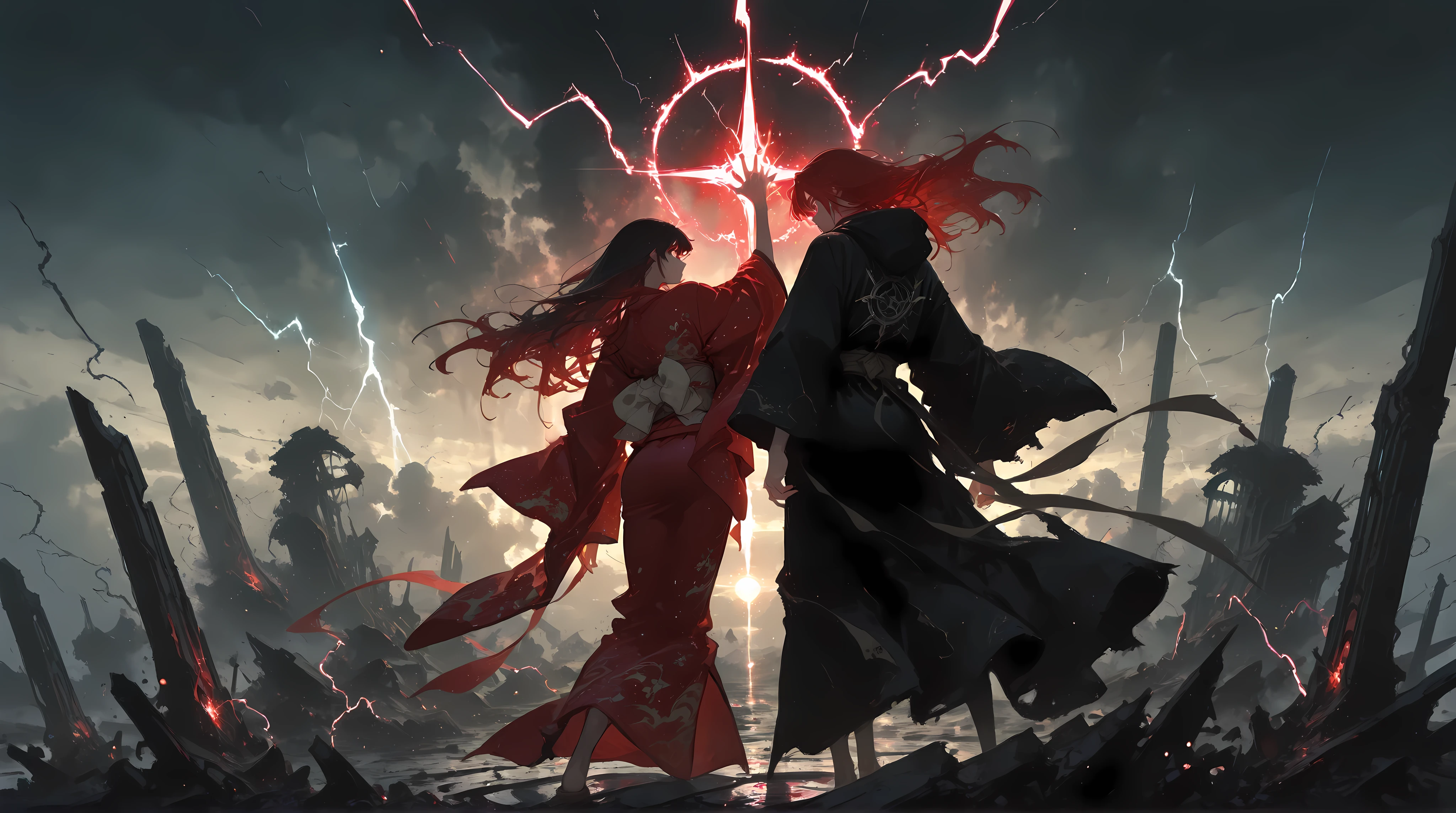 (masterpiece:1.2), (best quality), (highly detailed), (anime-style:1.3), 2 characters, epic battle, male immortal, female celestial, mid-air clash, dramatic pose, energy burst, glowing spell circle, long hair flowing, red kimono, black robe, stormy sky, lightning, floating ruins, magic particles, backlight, dynamic composition, cinematic lighting, intense expression, wide shot