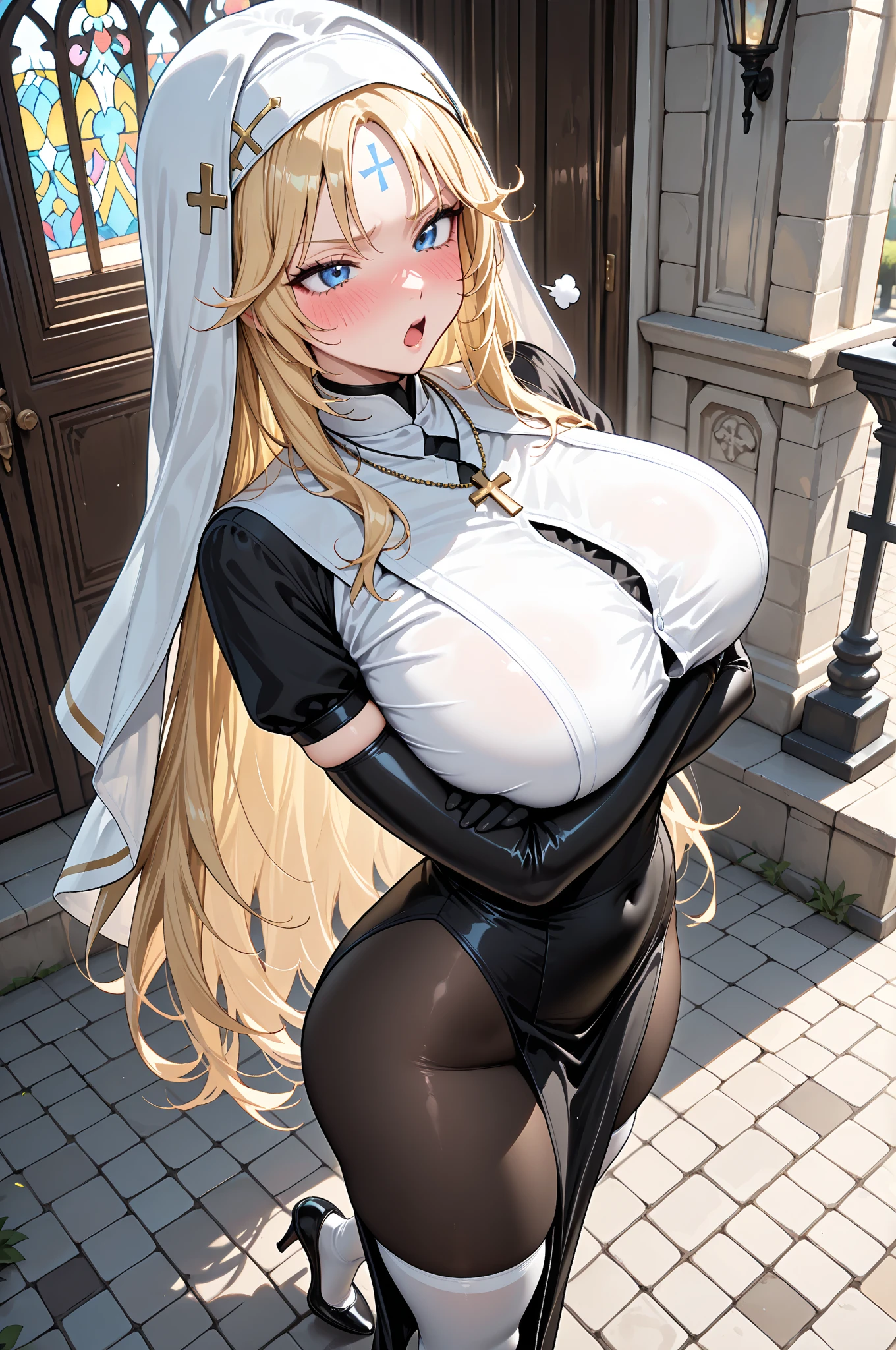 stressed woman long blond hair sensitive eyes priest standing white steamy glass slouching veil crucifix geometric pattern transparent underwear church single woman standing black sister veil black tights black bunny ears sister curvy Thick thighs, deep slits, straight long hair, stent glass cloth, mysterious eros, stuffy steam, smell of sweat, good smell, whip thighs, whip milk, whip buttocks, whip armpits, plump areola, whip whip bunny Girl, Bodycon, Mesh, Church, Plump, Transparent clothes