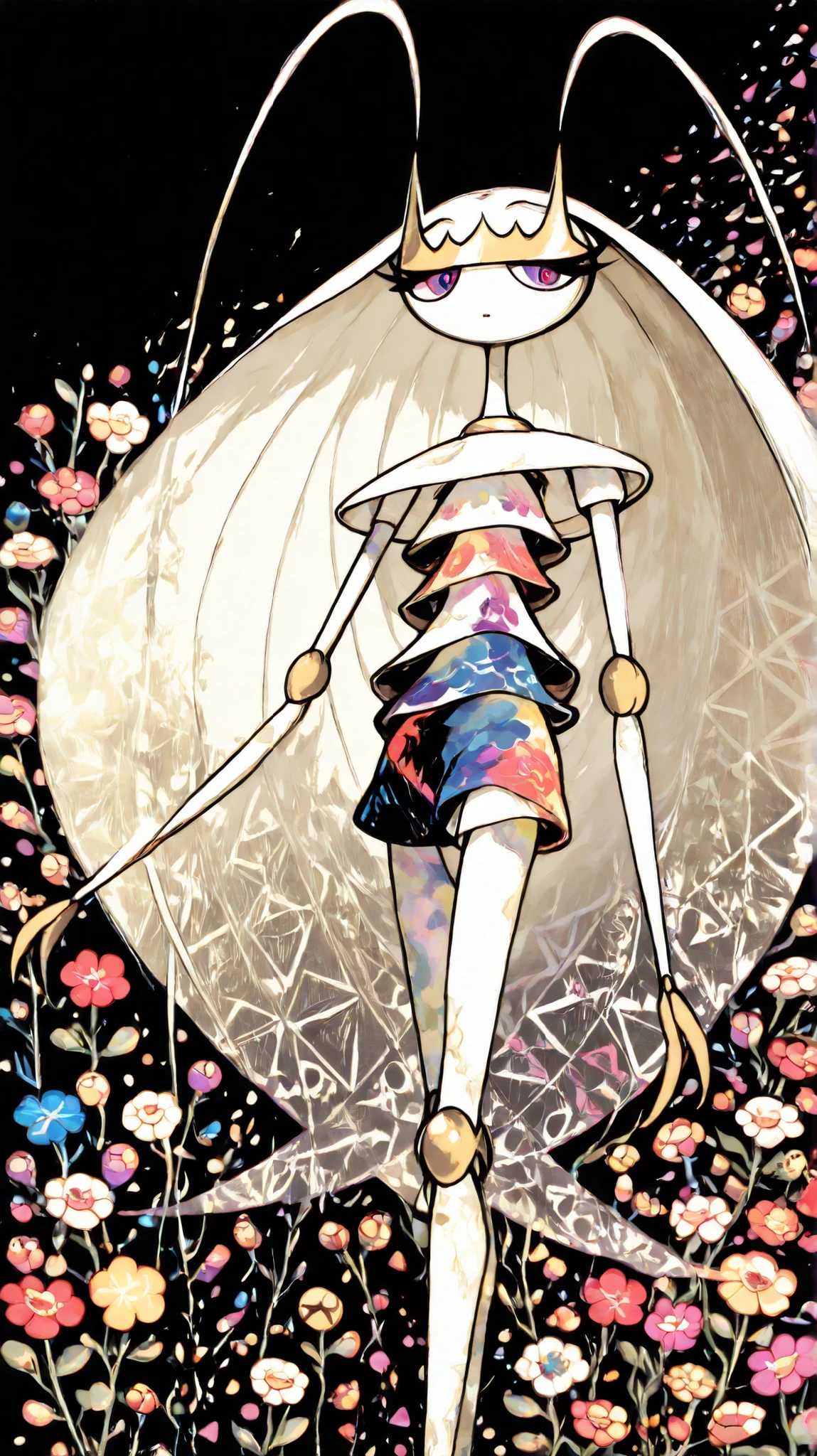 (in style of Takashi Murakami:1.0), beatiful face, feet,best quality,tonemapping, sharp focus, hyper detailed,(pheromosa),best quality,beautiful,pokemon,(2 fingers),(Clear eyes),solo,detaileds,8K,(slender:1.3),wallpaper,jumping kick,(Colorful flowers on black background:1.4), (pheromosa:1.0), intricate digital painting, highly intricate and colorful, dark but detailed digital art, Highly detailed symmetry, detailed digital artwork, Symmetrical intricate details, plethora of colors,colorful intricate masterpiece,(kaleidoscopic:1.1),(Geometric pattern background)、Sticker style,flower painted body, (cel anime:1.3)