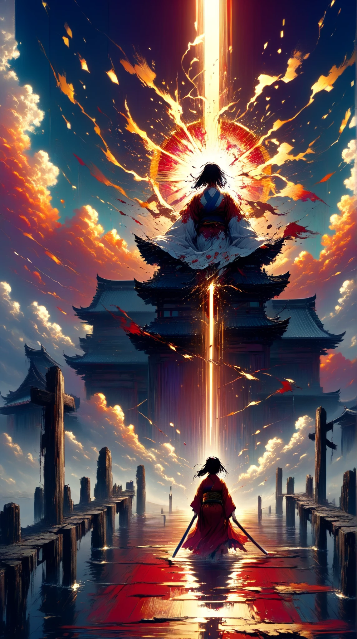 (masterpiece:1.2), (best quality), anime-style, female swordsman, red kimono, long flowing hair, mid-air, slashing downward, huge red sword slash, splitting the sky, energy burst, dramatic lighting, dynamic pose, ruined city, shattered temple, sunset sky, cinematic composition, wide shot, glowing particles, intense atmosphere