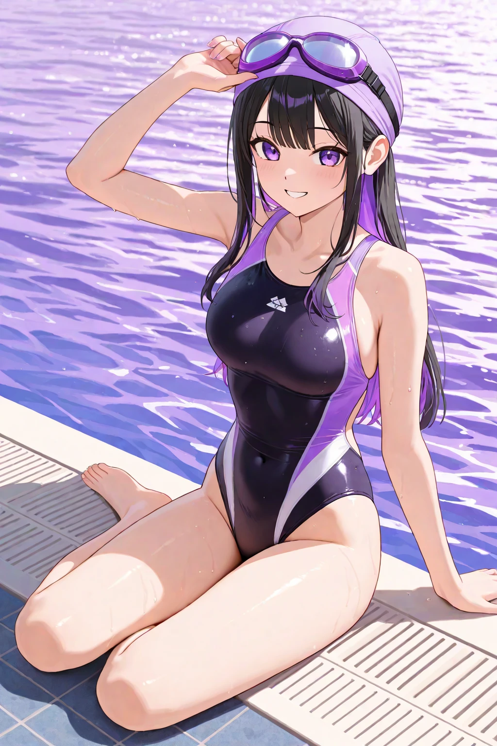 (nsfw), 32k, best quality, ultra high res, HDR, UHD, extremely detailed CG, unity 32k wallpaper, 16-year-old girl, 1 person, Purple eyes, Black competitive swimsuit, Beach, Long black hair, medium breasts, Embarrassing, smile,