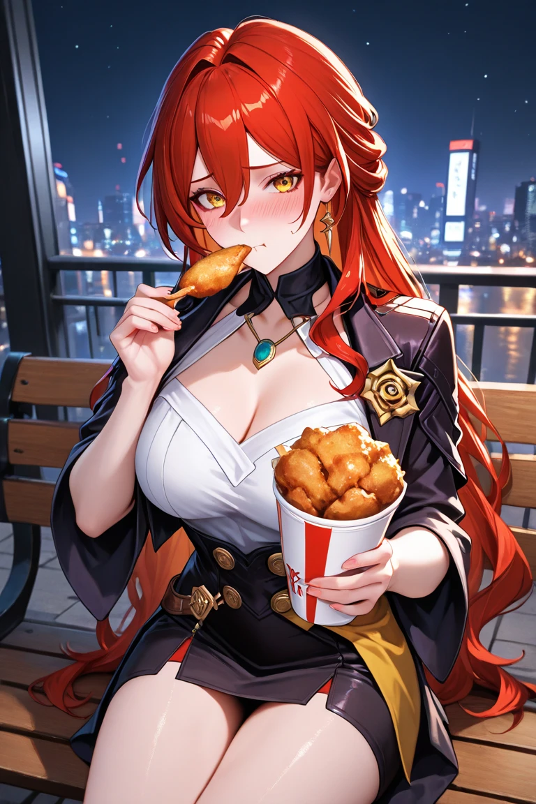 masterpiece,best quality,highres,cinematic lighting,dramatic angle,1girl,<lora:ShadowverseTidalGunnerV1:1:OUTSTYLE>,twintails,red hair,red eyes,hair ribbon,goggles,huge breasts,thick thighs,skindentation,looking at viewer,portrait,close-up,seductive pose,bunny suit,bunny ears,embarrassed,covering breasts,hand on own chest,holding tray with beers,waitress,shy,(blush:1.3),fishnet,bare shoulders,highleg,bar,onlookers,crowd