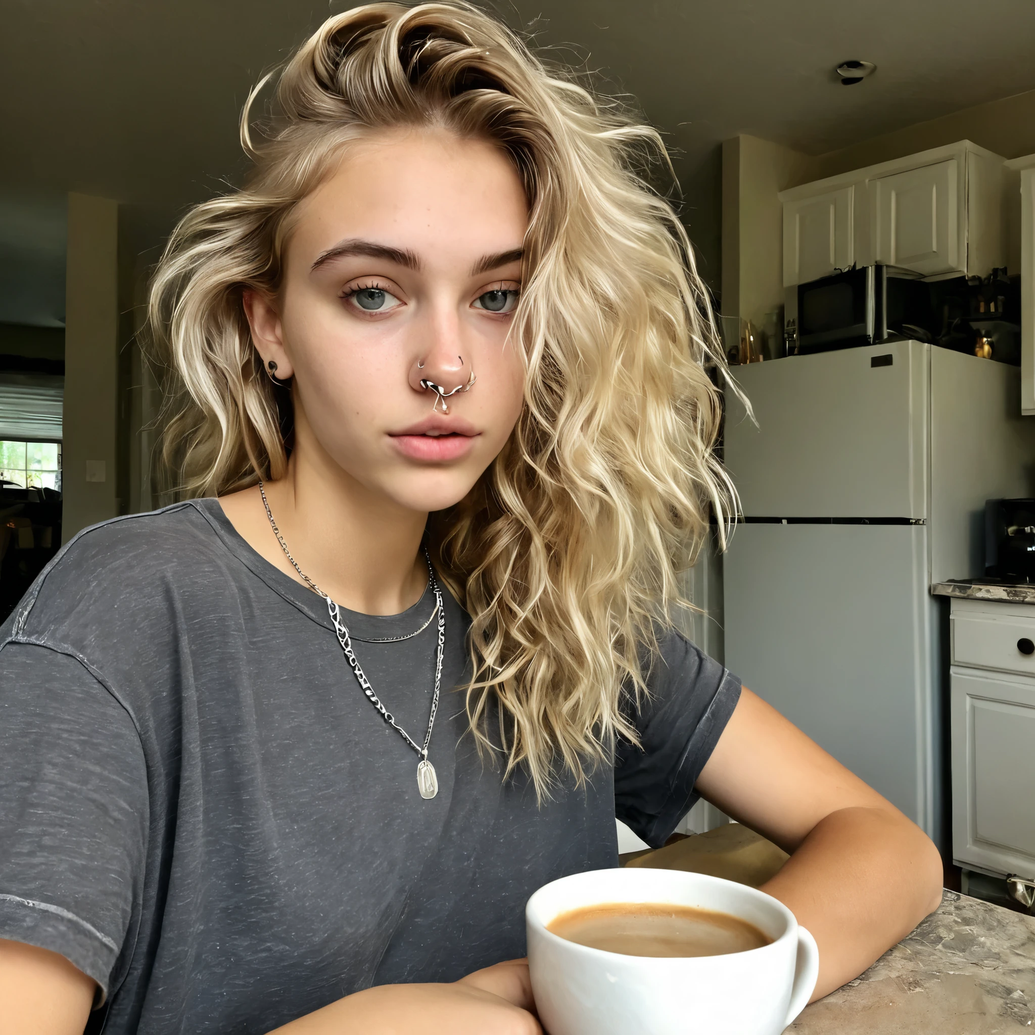 A hyper-realistic candid photo of a young woman with light blonde wavy messy hair, fair skin, and full lips, dreamy wide gaze, sitting at a simple kitchen table with natural daylight coming from a window. She wears casual grunge clothing (loose dark t-shirt or a top with shorts), accessorized with a nose piercing and layered silver chain necklaces. She is holding a coffee or tea cup in her hands, looking slightly to the side. The kitchen looks realistic with everyday details (plates, stove, fridge, utensils). Captured as if with a smartphone camera, raw, unedited, authentic, with natural imperfections and a cozy domestic atmosphere.