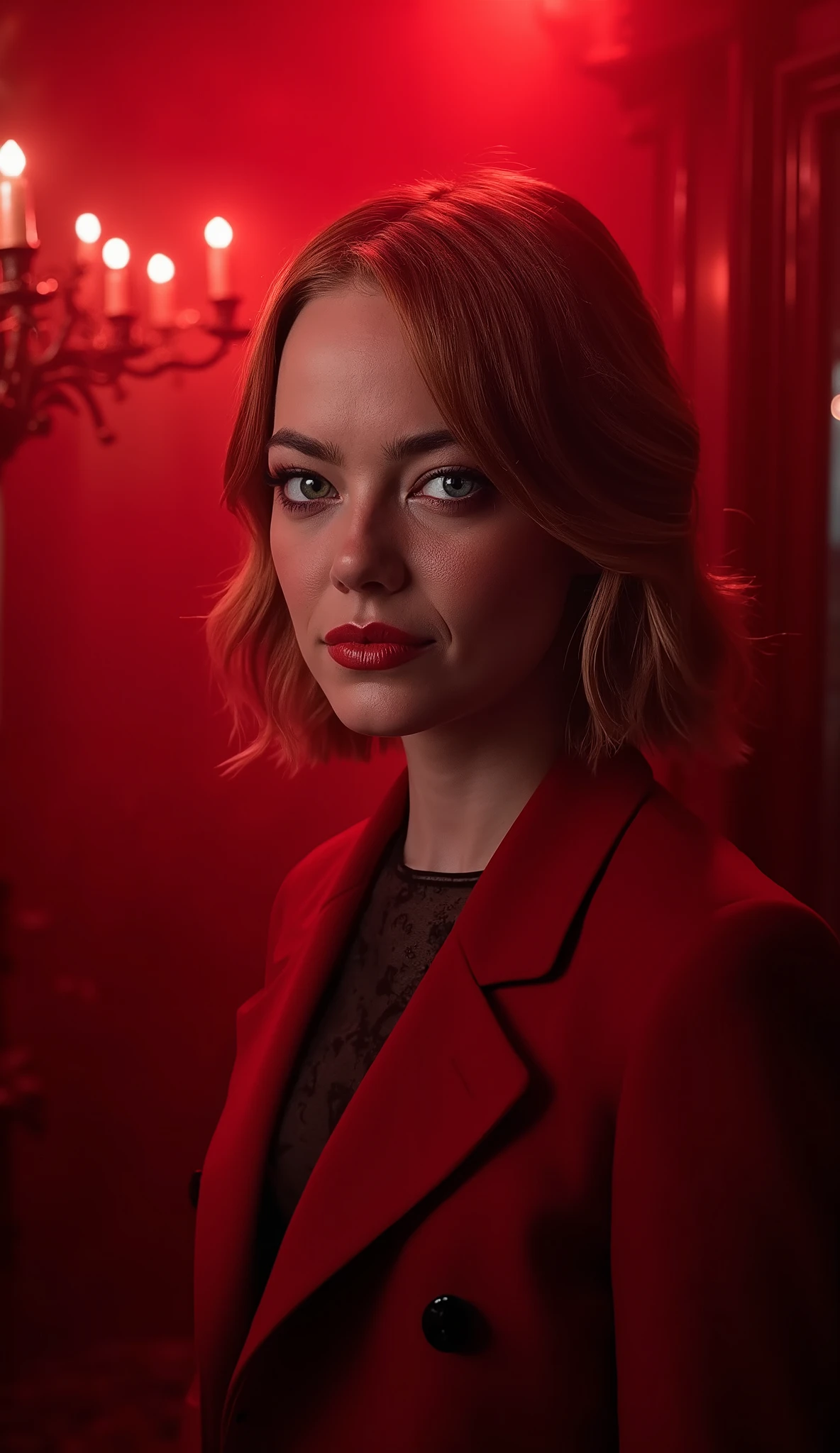 Emma Stone de blazer vermelho fundo with dim light and red mystical atmosphere. Gothic and sinister mood, ultra detailed, cinematic."