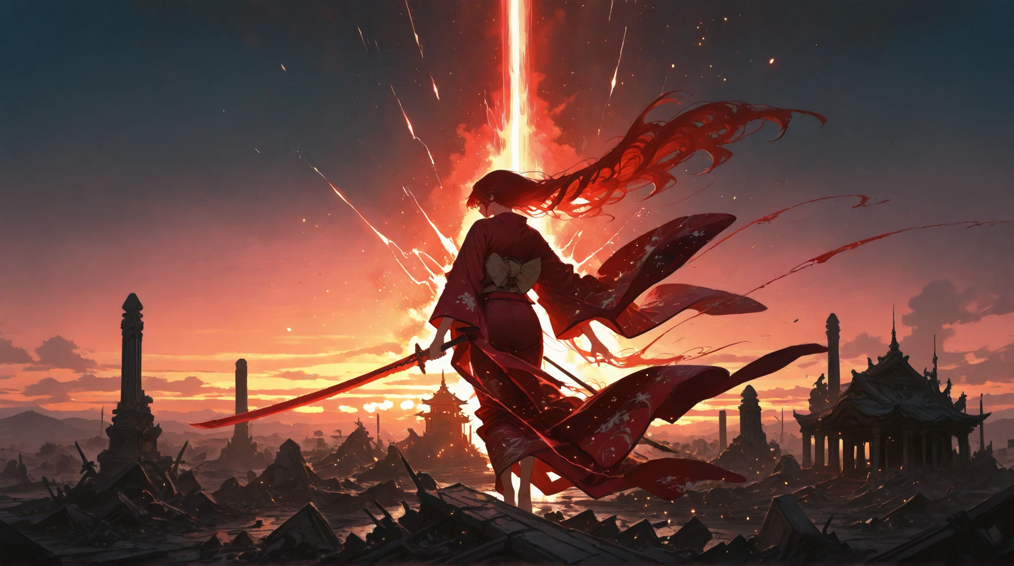 (masterpiece:1.2), (best quality), anime-style, female swordsman, red kimono, long flowing hair, mid-air, slashing downward, huge red sword slash, splitting the sky, energy burst, dramatic lighting, dynamic pose, ruined city, shattered temple, sunset sky, cinematic composition, wide shot, glowing particles, intense atmosphere