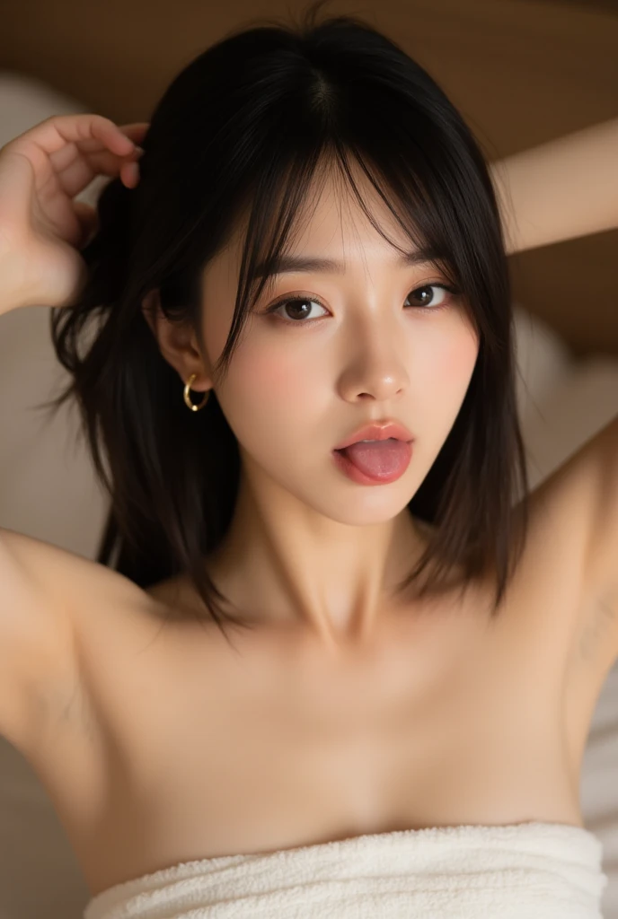 nsfw, best quality, masterpiece, ultra high res, (photorealistic:1.3), 8K, raw photo, 1girl, natural skin texture, , black, wearing leather, natural skin texture, dynamic pose, film grain, on the train room background, full nude, vagina, pubic hair realistic, look at cam, long HAIR, small breast, mid shot portrait, gemma chen, short hair with bang, 