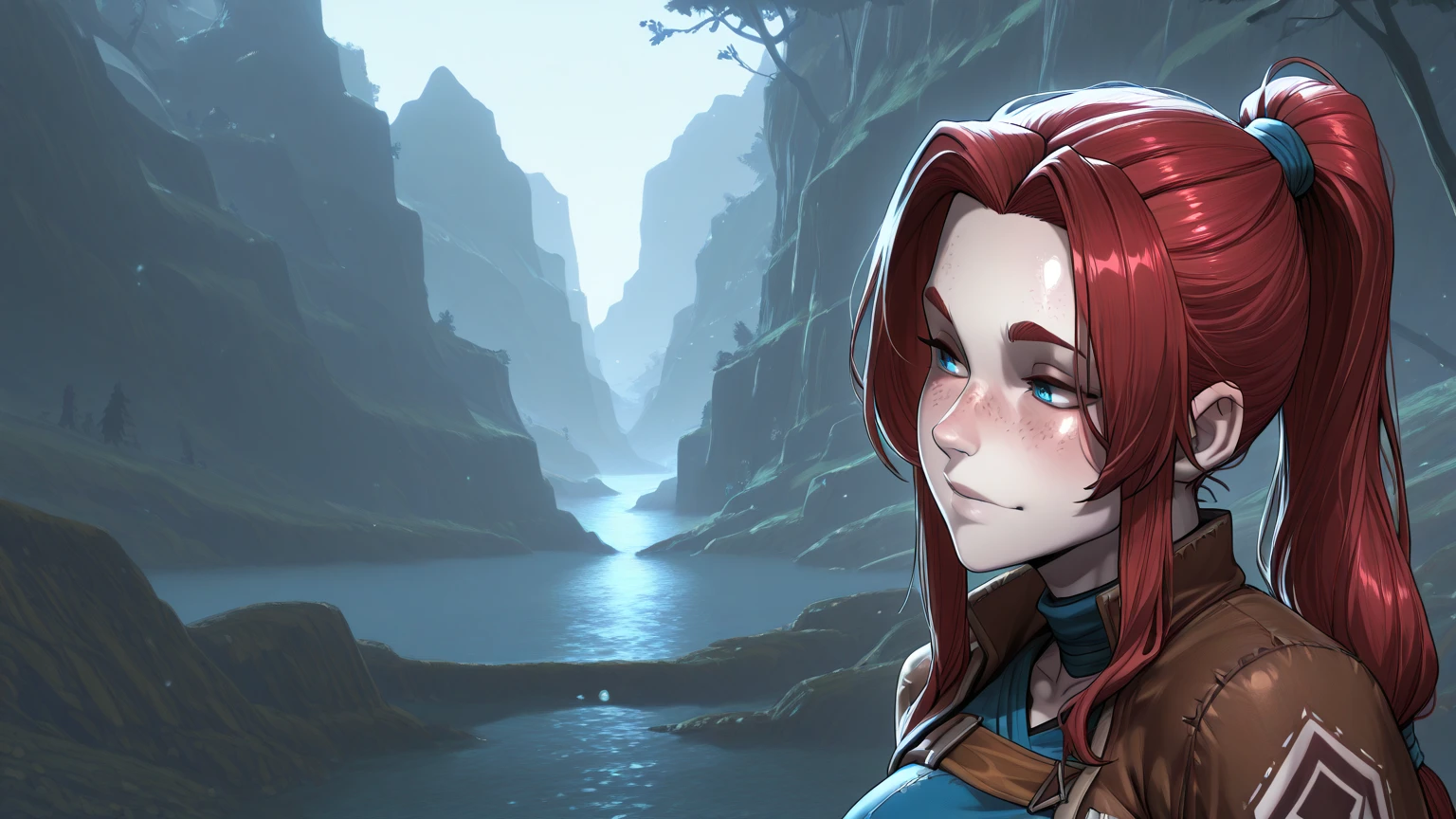 This image represents a beautiful scene from the fantasy world. It is during the day or early afternoon and the atmosphere is calm and great. In the foreground a female character appears sitting with her back to the viewer. She has long red braided hair and wears a plaid  with stockings and a tank top, very sexy, rope belt. In the background, we see a magnificent city built on a steep mountain or island. The city's architecture is reminiscent of the Middle Ages and the Renaissance, characterized by tall spiers and dense buildings and futuristic elements. High above the city, there are buildings that look like castles and palaces that rise above the rest. Below the city, there are lush green fields and scattered small buildings, which may be farms or towns. The landscape is lush and green with trees surrounding the settlements. Several ships are anchored at the foot of the mountains and islands, suggesting that the city is an important port city. The sky is light blue with very few clouds, indicating that it is daytime or early afternoon. The overall atmosphere is calm and grand, suggesting stories of adventure, exploration, or political intrigue in this fantasy world (art inspired by Bill Sienkiewicz). oil painting)
