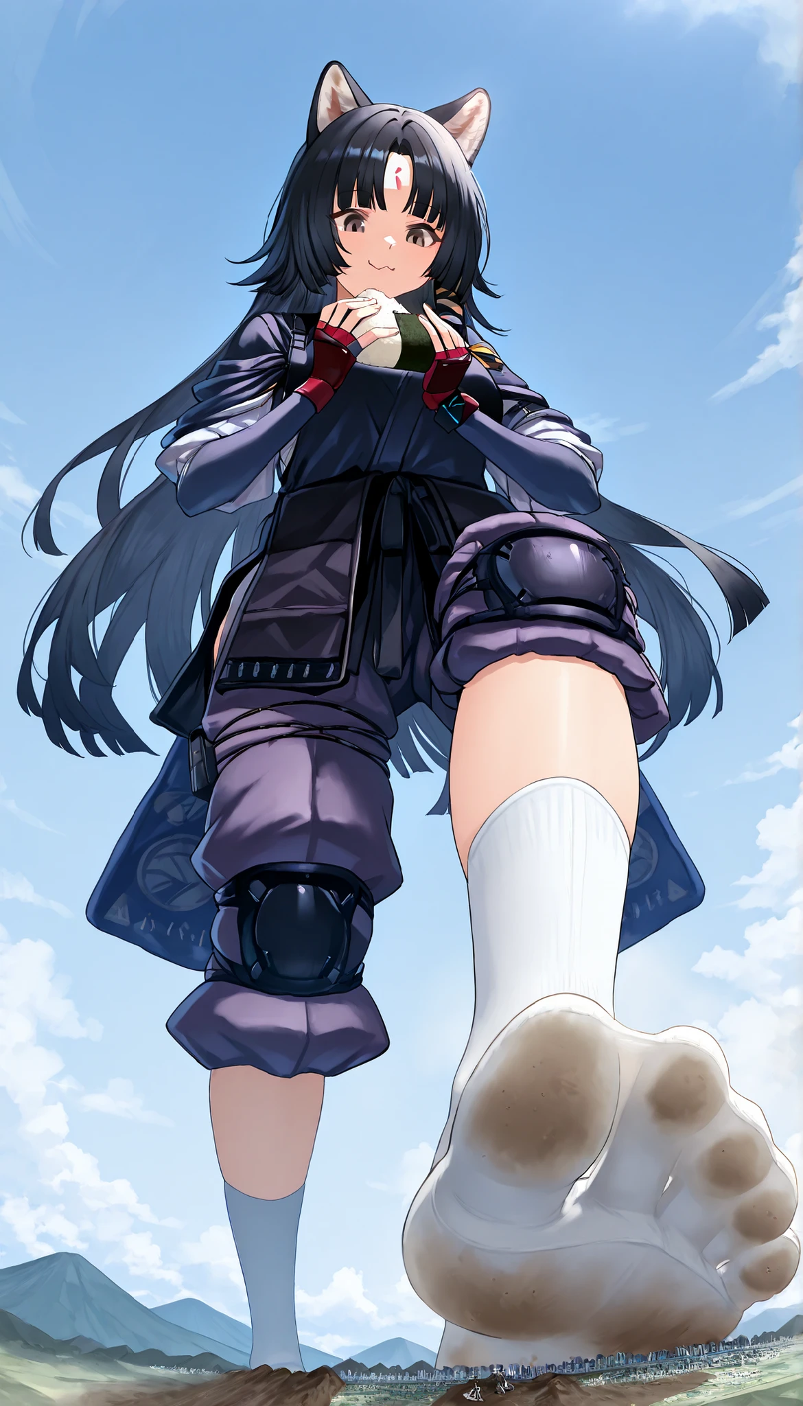 score_9, score_8_up, score_7_up, 1girl, (giantess:1.4), microcity, saga_\(arknights\), brown eyes, black hair, forehead mark, parted bangs, japanese clothes, fingerless gloves, black kimono, knee pads, white socks, holding onigiri, eating onigiri, Smile Yan, I'm eating a onigiri, Scattering Cities, standing, dirty foot soles, look down, I'm pressing my foot against the viewer, woman seen from the front, Footage on the verge of being stepped on, big feet, Impressive legs, Dirty Soles, very beautiful, fullbody, look down, Outdoors, feet, feet focus, toes, huge feet, walking, Positions that look good on the screen, The right foot, Accurate toes, five toes, Outdoors, I'm looking at onigiri, detailed face, detailed eyes,  gradation eyes, pov, (from below), masterpiece, best quality, masterpiece, best quality